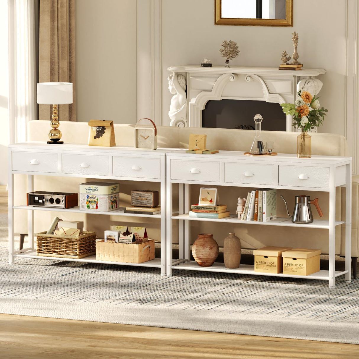 Furologee White Entryway Table, 38'' Console Sofa Table with 3 Fabric Drawers, Industrial Entry Way Table with Storage Shelves, Display Shelf for Living Room, Hallway, Entrance, Foyer Furologee