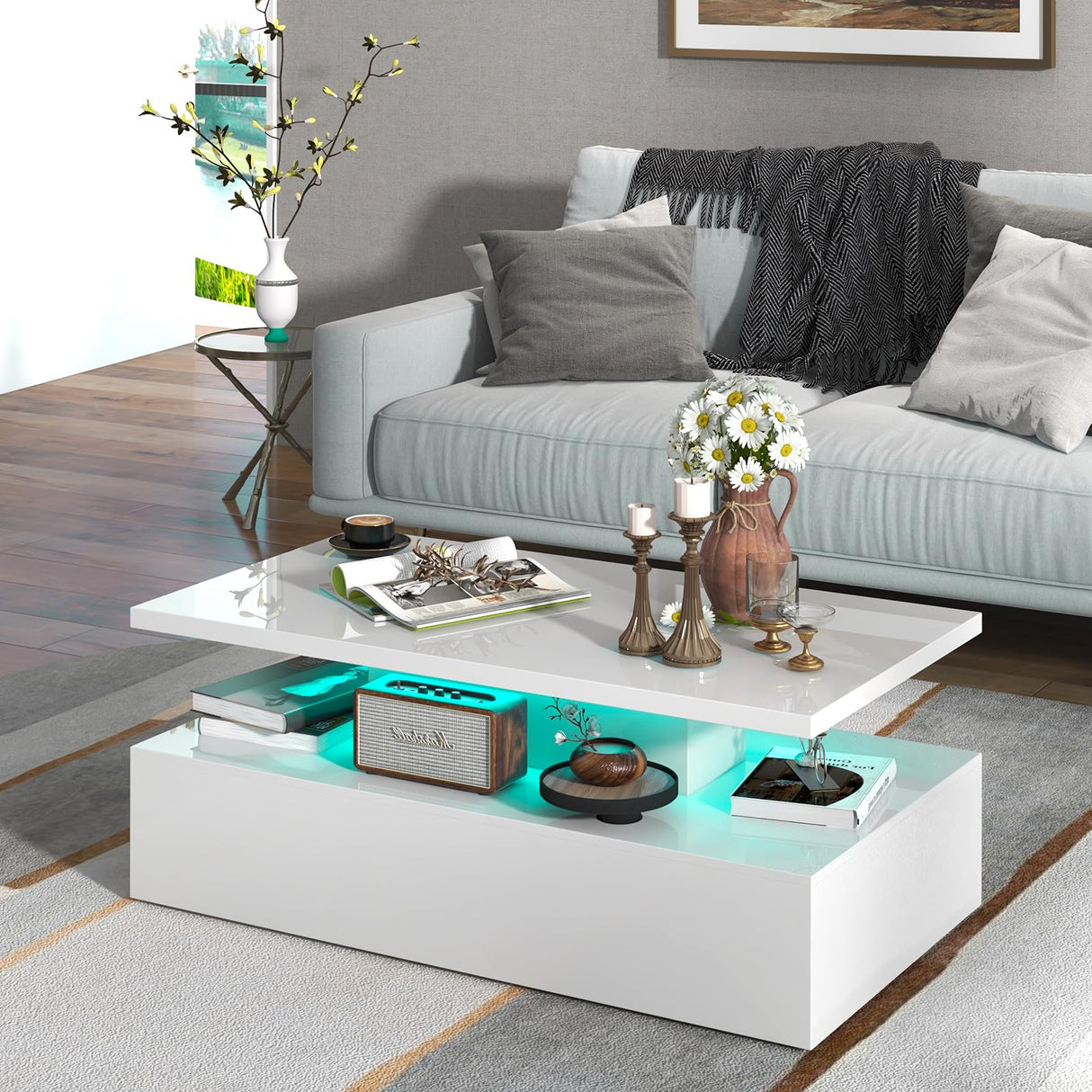 Tangkula LED Coffee Table, Modern High Gloss Coffee Table w/ 20-Color LED Lights, Adjustable Speed & Brightness, Remote Control, Open Shelf, 2-Tier Rectangle Living Room Center Table (White) Tangkula