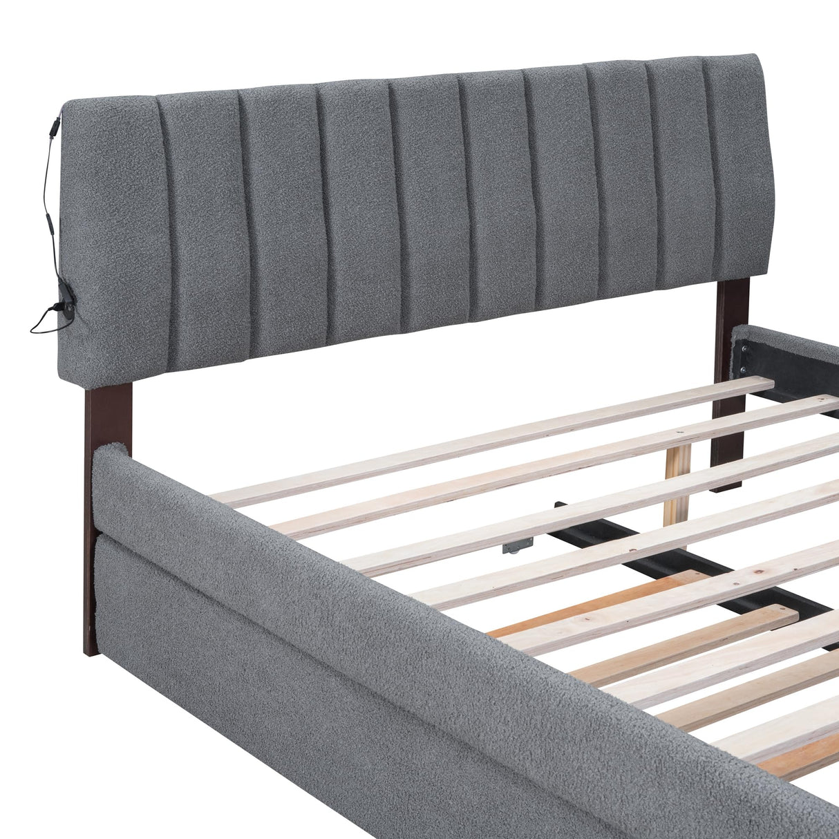 Favfurish Teddy Fleece Queen Size Upholstered Platform Bed with Trundle & LED Lights, Wooden Bedframe,No Box Spring Needed, w/Wood Slat Support,for Bedroom,Guest Room, Gray Favfurish