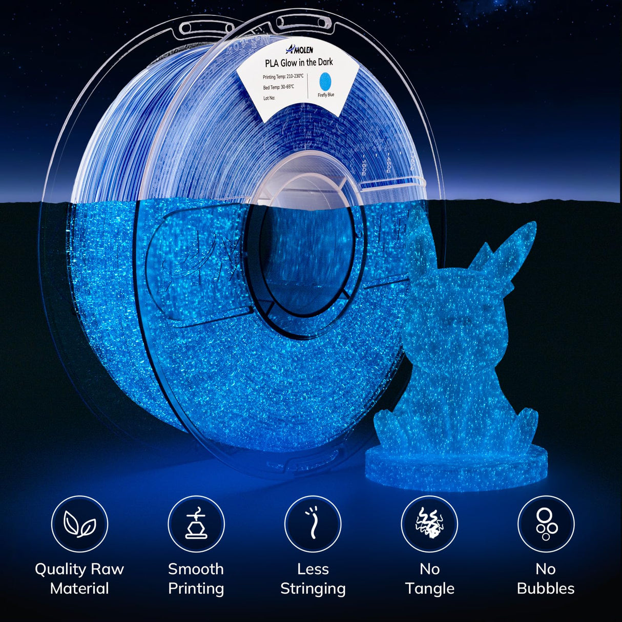 AMOLEN 3D PLA Printer Filament, 1.75mm Glow in The Dark Shiny Firefly Blue PLA Filament for 3D Printing, Best with UV Lamps, 1kg Spool (2.2lbs), Dimensional Accuracy +/- 0.02 mm, Fit Most 3D Printers AMOLEN