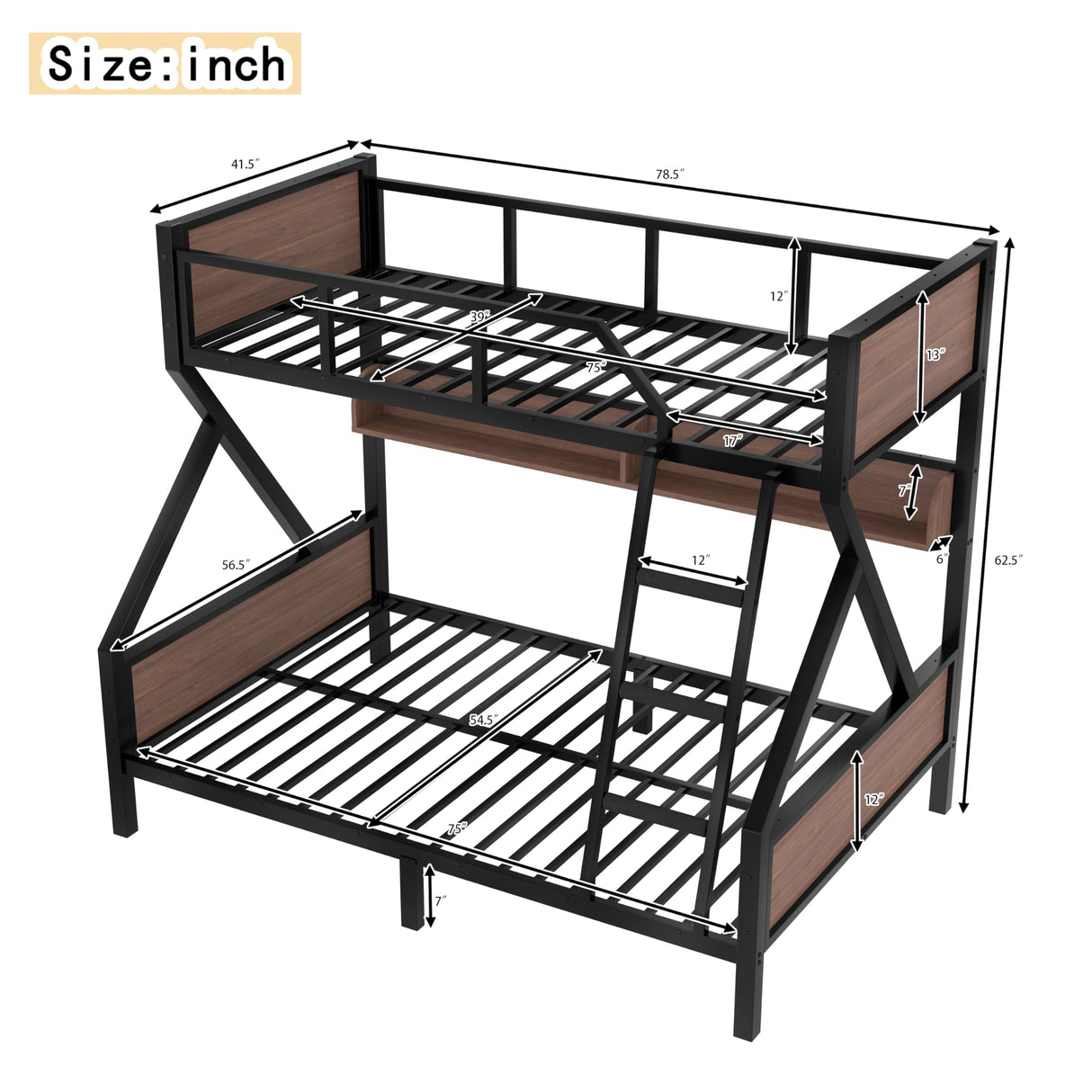 Twin Over Full Size Bunk Bed with Storage Shelves and LED Lights,Heavy Duty Adult Bunk Beds with Angled Ladder,Metal Bunk Bed Twin Over Full,Black Bellemave
