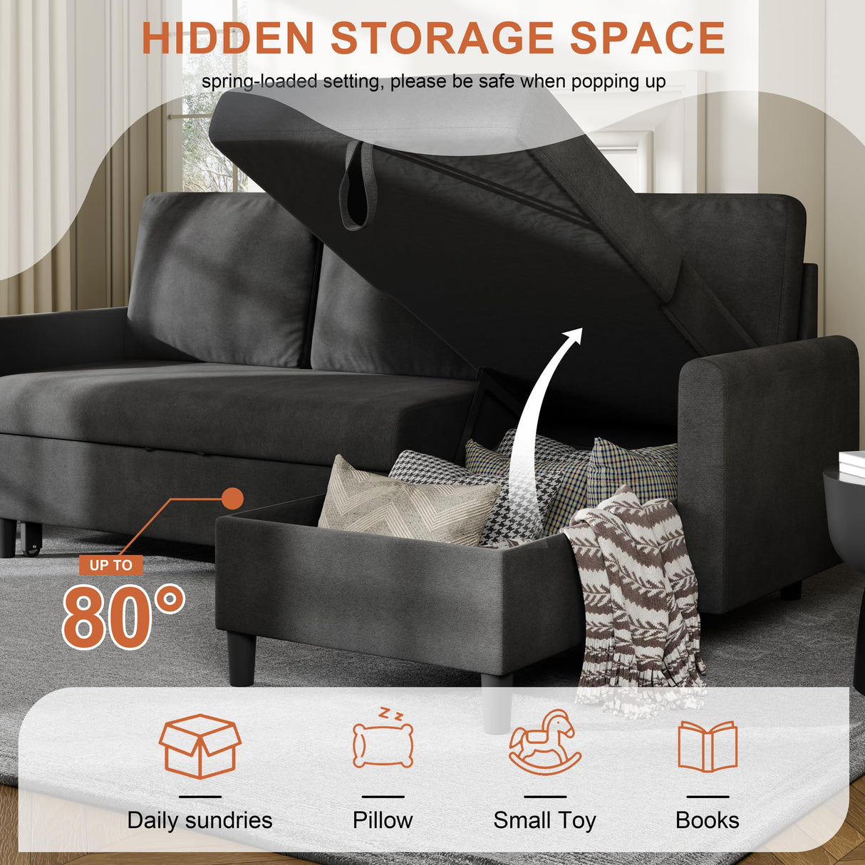 Vongrasig Pull Out Couch, Convertible Sleeper Sofa Bed with Storage, L-Shaped Sofa Bed with Storage Chaise Linen Fabric for Living Room, Apartment, Small Space, Black Vongrasig