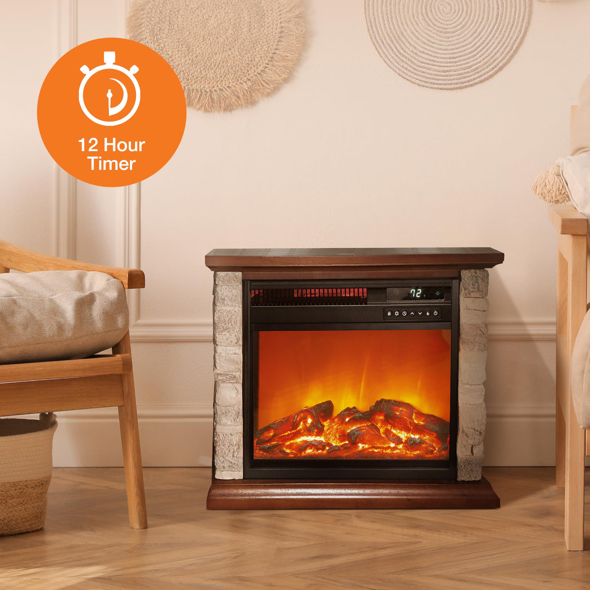 Lifesmart 3-Quartz 5,118 BTU Infrared Faux Stone Fireplace with Log Insert and Realistic Flame, Fireplace Heater with Remote Control for Bedroom, Living Room LifeSmart