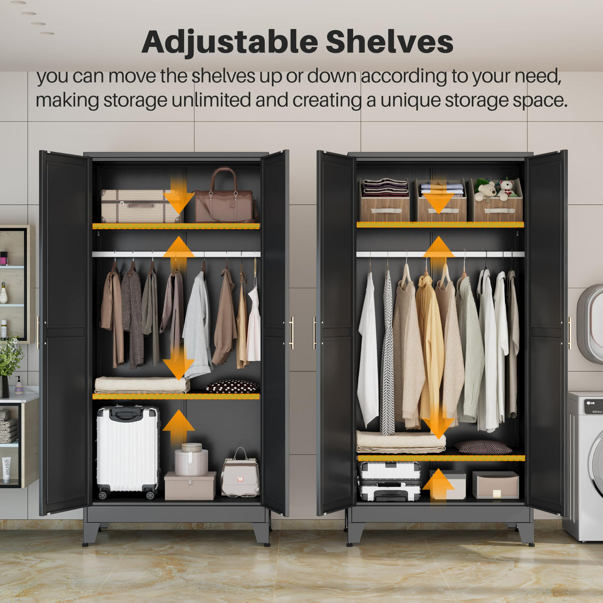 winiowa Metal Armoire Wardrobe Closet with 2 Mirror Doors, 71"' Wardrobe Cabinet with Adjustable Shelves and Hanging Rod, Clothing Storage Cabinet Closet with Mirror for Bedroom-Black winiowa