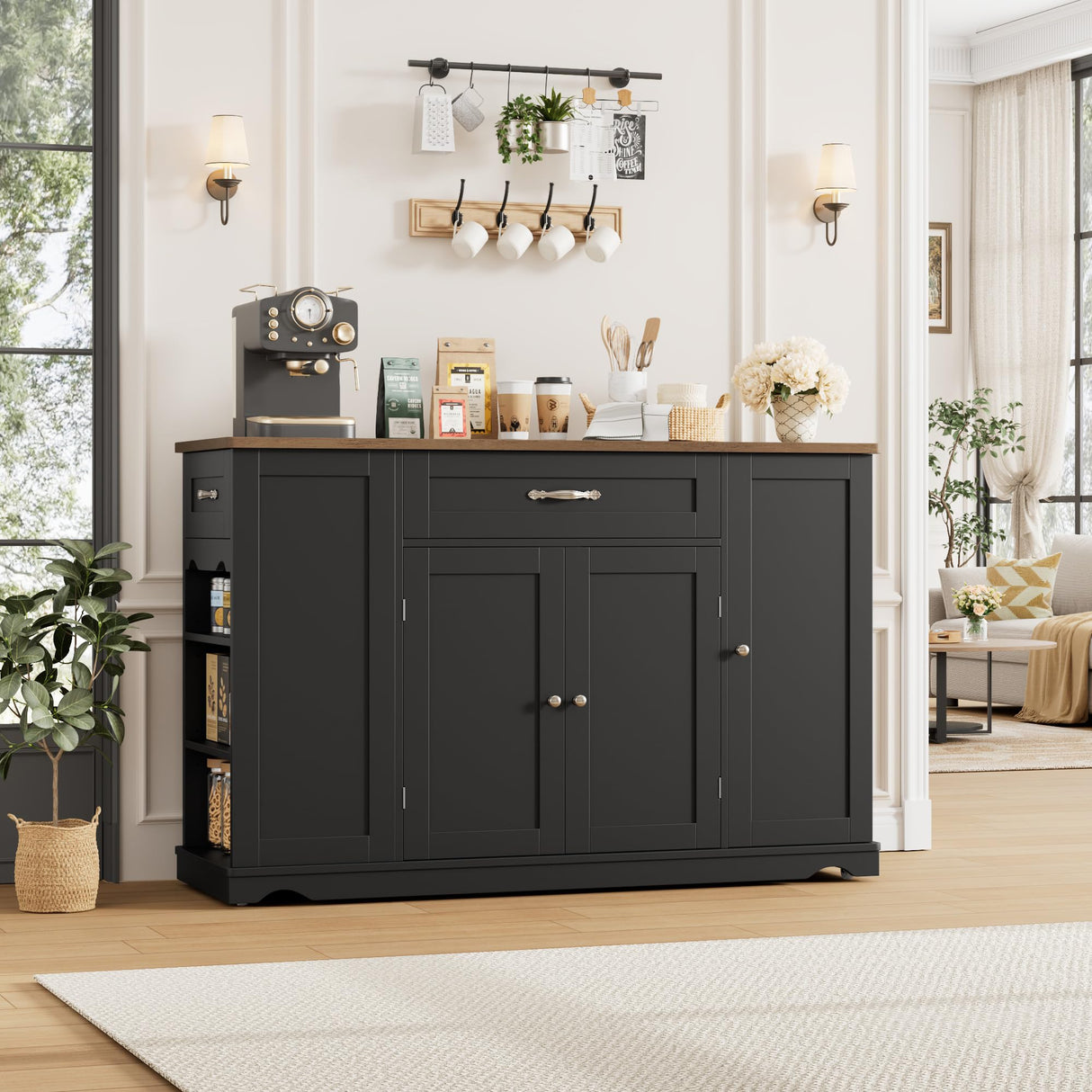 HOSTACK Kitchen Island Cart with Storage, 47'' Kitchen Storage Island on Wheels with 2 Drawers, Rolling Island Table with Adjustable Shelves, Mobile Buffet Sideboard Cabinet for Dining Room, Black HOSTACK