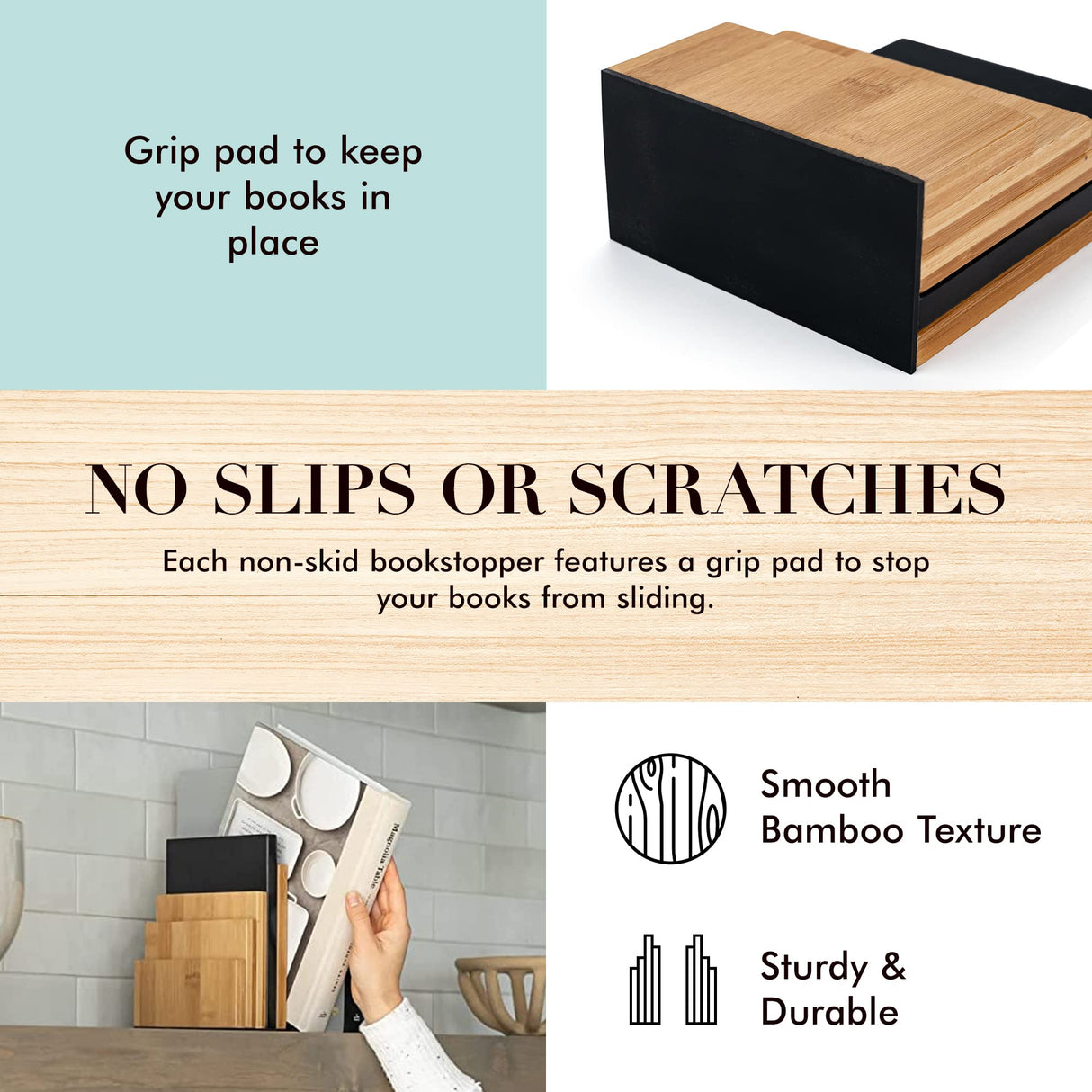 JUSK Design Bamboo Book End/Book Organizer - Non-Skid Decorative Bookends for Office and Home - Book Holders for Shelves - Substantial Weight - Holds Heavy Books JUSK