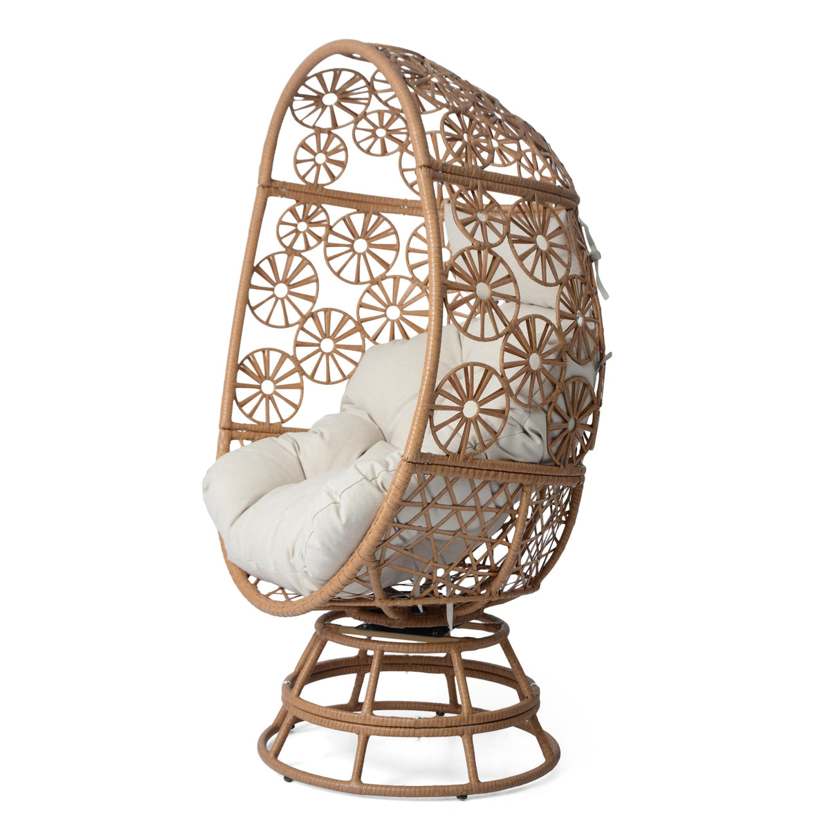 Christopher Knight Home Gary Patio Woven Faux Rattan Swivel Egg Chair, Outdoor Iron Frame Wicker Lounge Chair/Papasan/Basket Chair, Removable Cushion, Head Support, Weather Resistant, Brown+Beige Christopher Knight Home