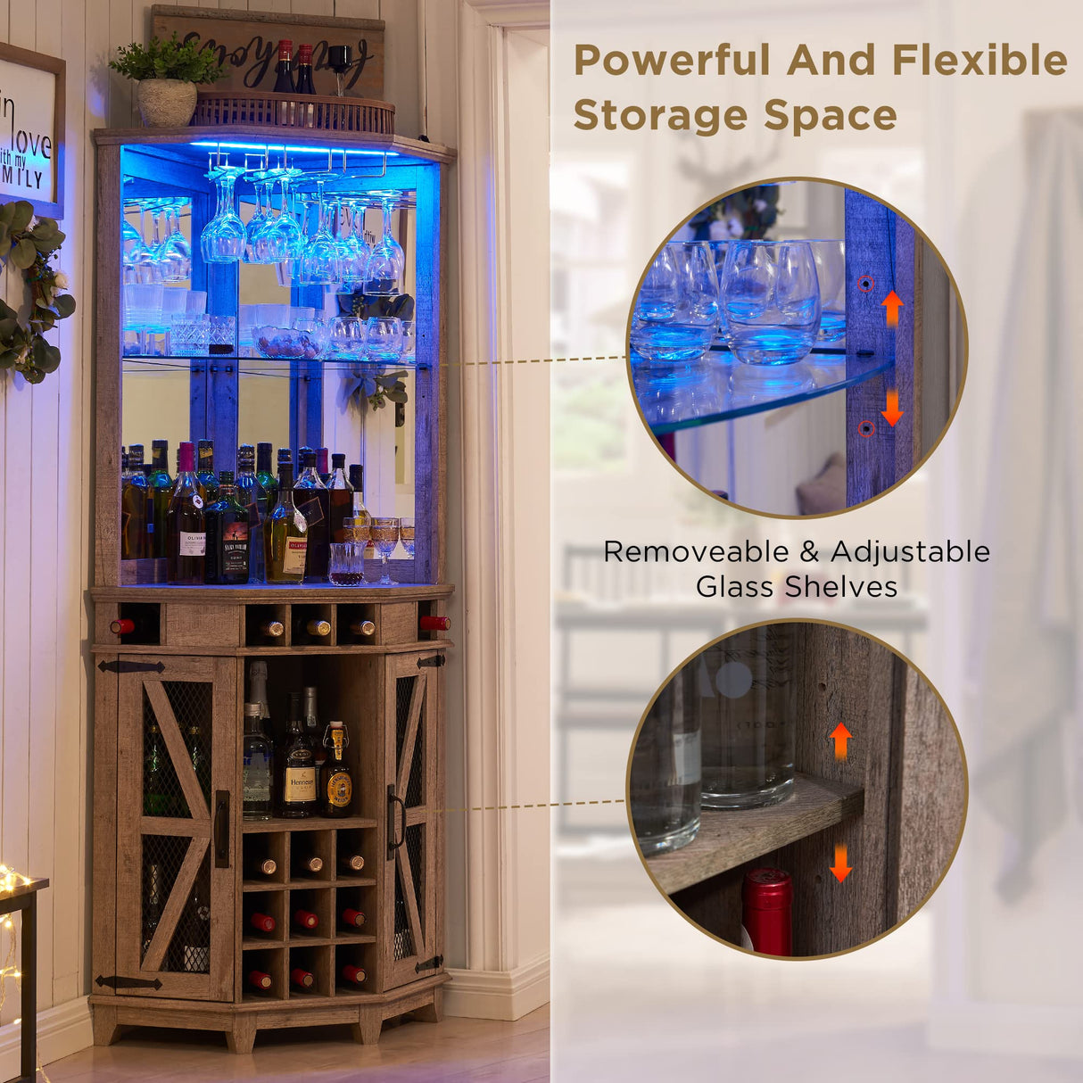 OKD Corner Bar Storage Cabinet, 72" Tall Farmhouse Wine Bar Cabinet w/Barn Door & Adjustable Shelf, Home Bar Cabinet w/LED Light & Glass Rack for Dining Room, Living Room, Kitchen, Light Rustic Oak OKD