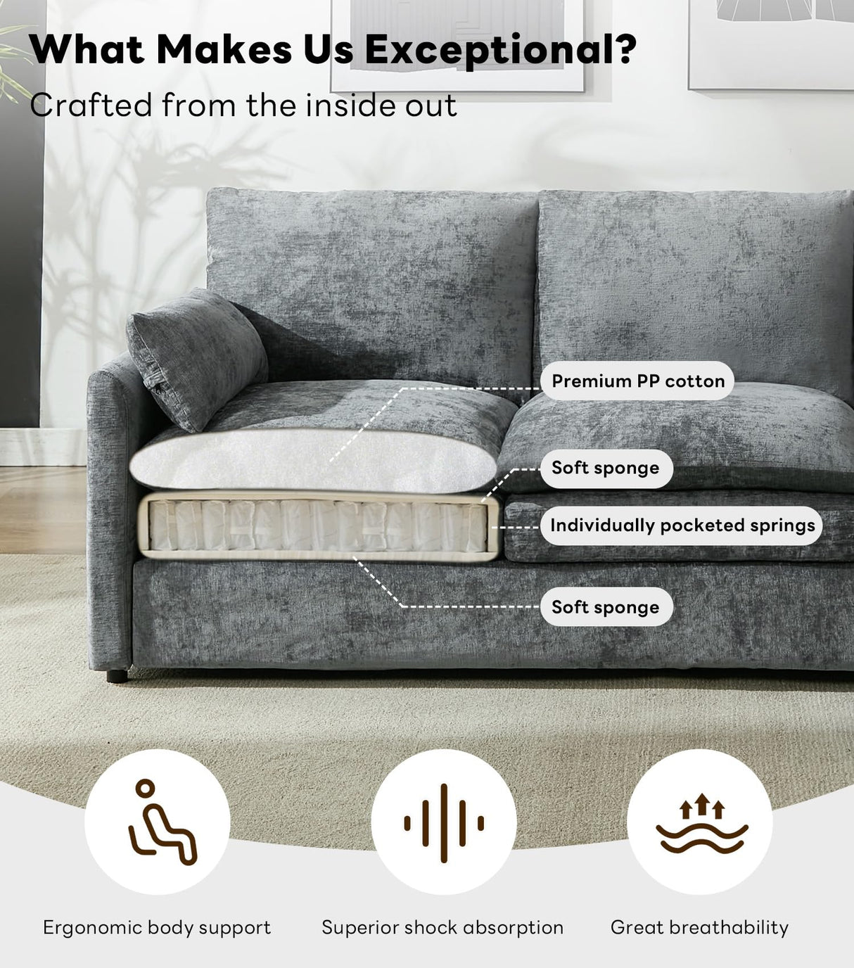 Tbfit Modern Sofa, 89" Cloud Couch w/Pillows, Pocketed Spring Seats, Comfy 3-Seater Plush Foam Cushions, Chenille Fabric Removable Cover, Soft Upholstered Living Room Furniture Home Apartment, Gray Tbfit