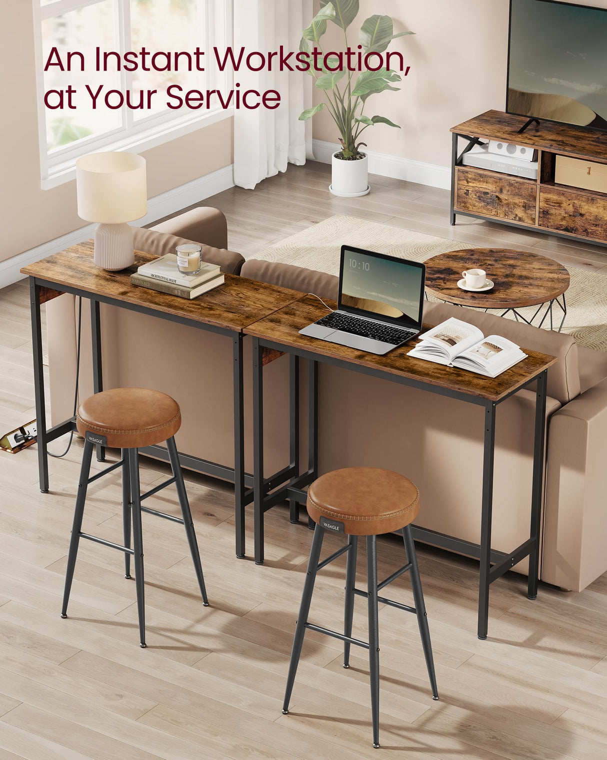 VASAGLE Bar Table, Narrow Long Kitchen Dining Table with Charging Station, Sturdy Metal Frame, Industrial, 15.7 x 39.4 x 35.4 Inches, Rustic Brown and Ink Black ULBT101K01 VASAGLE