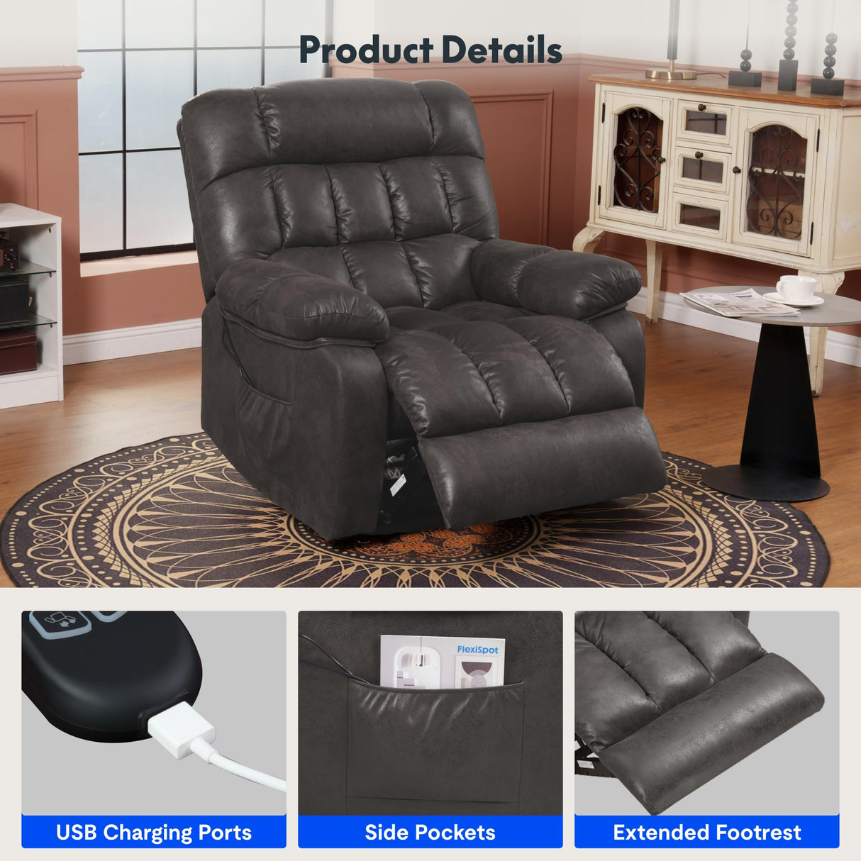 FLEXISPOT XL51 Dual OKIN Motor Power Lift Recliner Chair for Elderly, Lay Flat Electric Recliner with Massage & Heat, USB Ports, Faux Leather Reclining Sofa for Living Room Bedroom, Black FLEXISPOT