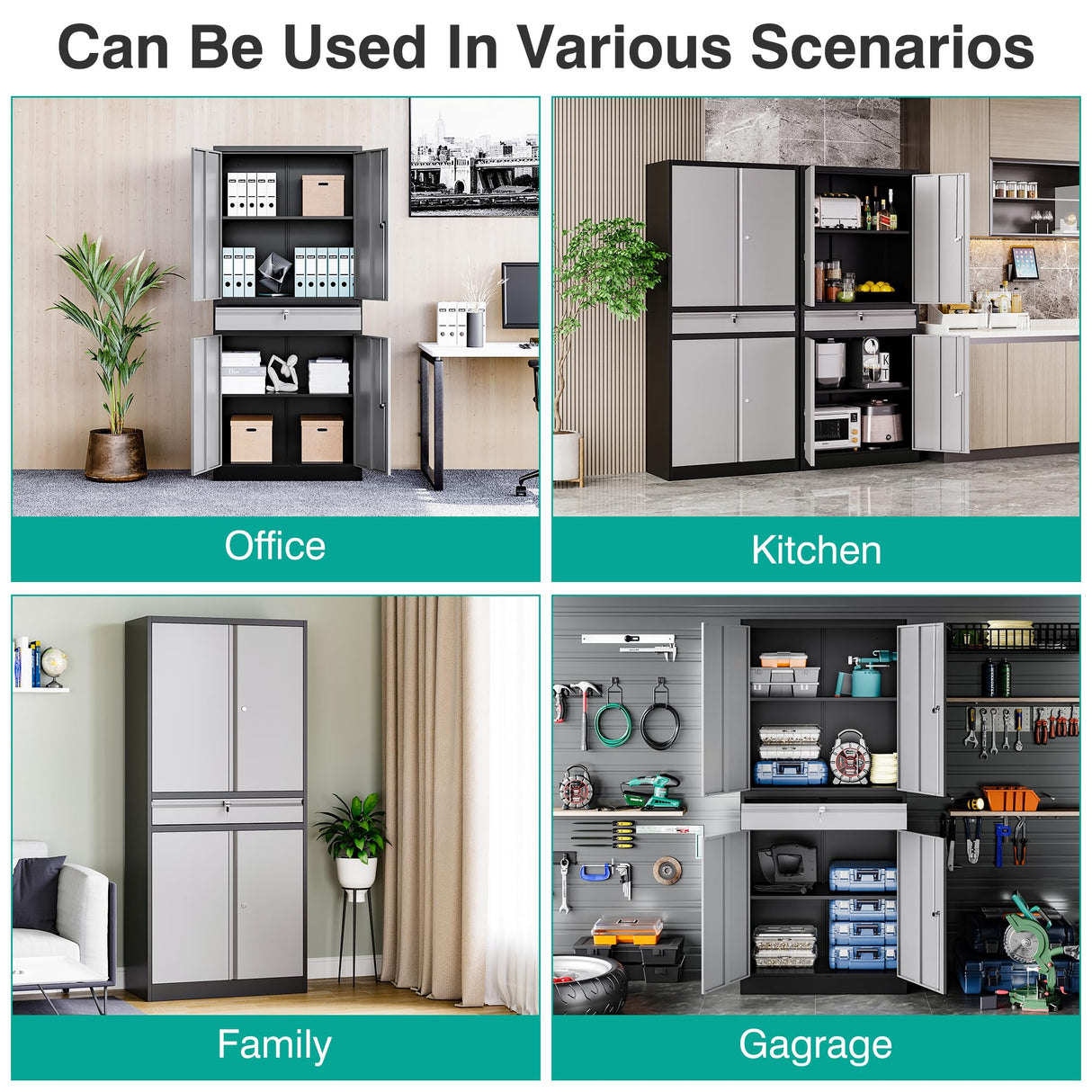 Metal Garage Storage Cabinet with Doors and Shelves,Metal Storage Cabinet with Lock and Drawer,Metal Cabinet with Locking Doors,4 Door Steel Cabinet,71" Lockable Storage Cabinet for Garage,Home,Office SISESOL