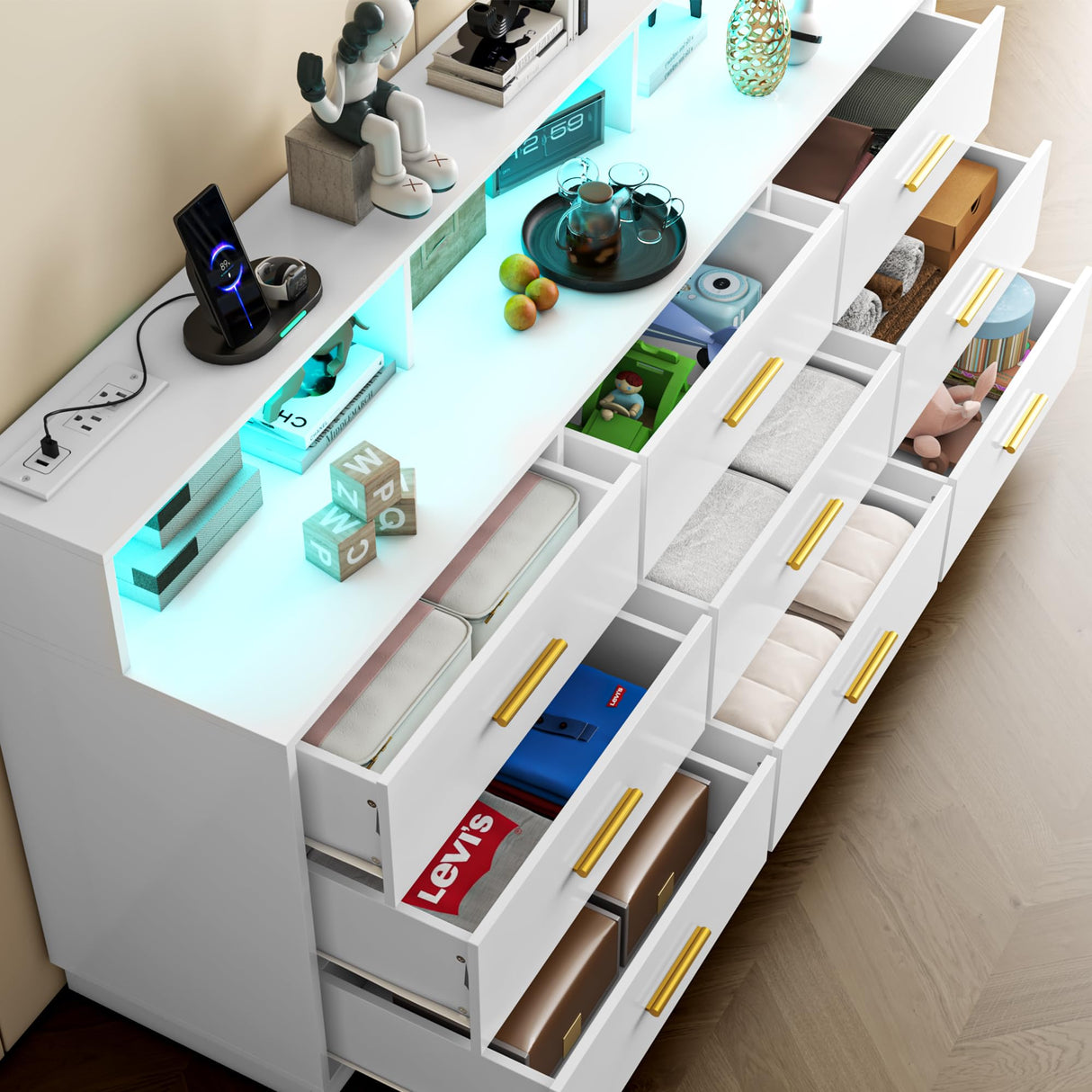 UNIQUITE White 9 Drawer Dressers for Bedroom, Modern Large Dresser with LED Light and Power Outlet, Wooden Long Dresser for Bedroom, Entryway, Living Room UNIQUITE