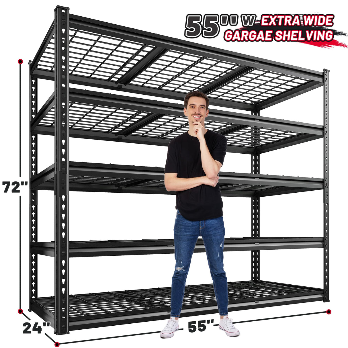 REIBII 55" W Garage Shelving 3000LBS Heavy Duty Storage Shelves 5 Tier Adjustable Metal Shelving Unit for Storage Rack Garage Storage Shelves Industrial Utility Shelf, 55" W x 24" D x 72" H REIBII