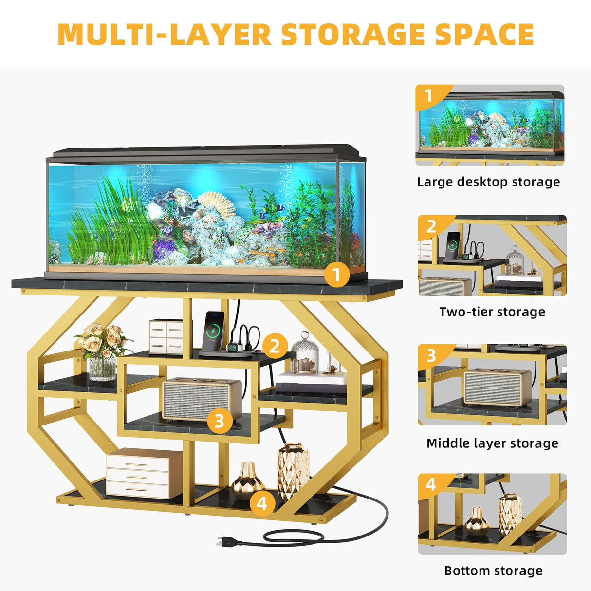 DWVO 55-75 Gallon Aquarium Stand with Power Outlet, Display Stand for Turtle Tank, Reptile Terrarium, Metal Fish Tank Stand Suitable for Living Room, Entryway, 860LBS Capacity, Black & Gold DWVO