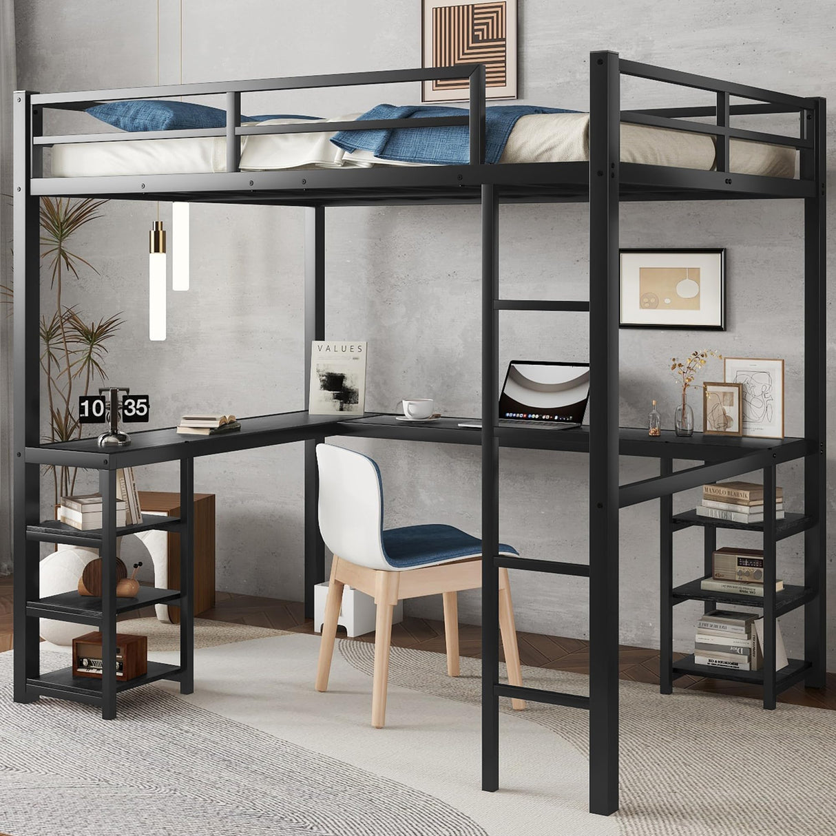 Full Size Loft Bed with Desk and Storage Shelves, Heavy Duty Metal Loft Bed with Black Desk and Guardrail, Full Size Loft Bed for Kids, Teens(Full Black Desk) Bellemave