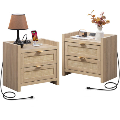 SICOTAS Rattan Nightstands Set of 2 Bedside Table - Bedroom Night Stand with Type-C Charging Station, 2 Drawers Storage - Boho Night Stands End Table for Bedroom Office - Light Oak