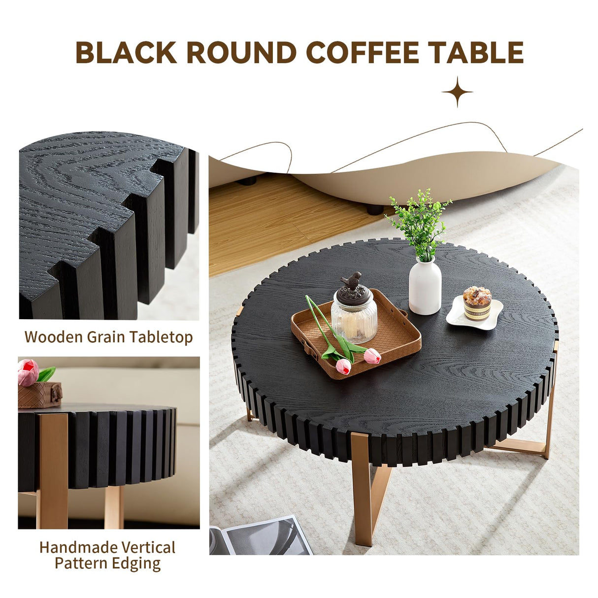 LKTART 31.5'' Round Coffee Table Modern Solid Wood Handcraft Drum Wooden Felief Coffee Table Stainless Steel Legs Sturdy Pedestal Tea Table for Living Room Apartment Small Space,Black LKTART