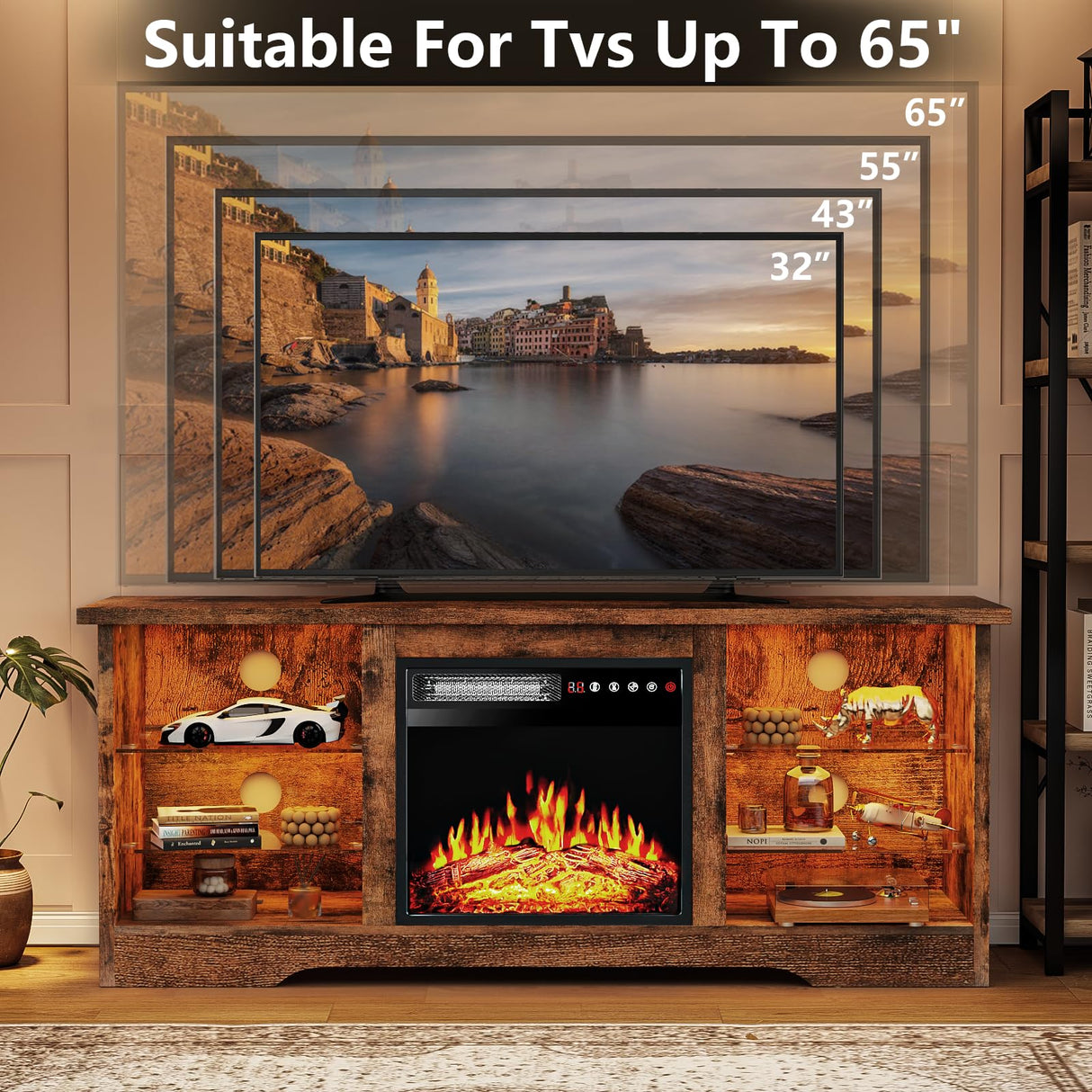 TAVATA Fireplace TV Stand with 18''Fireplace, Modern Entertainment Center for TVs up to 65 inch, Media TV Console with Adjustable Glass Shelves and Storage Cabinets(Brown) TAVATA