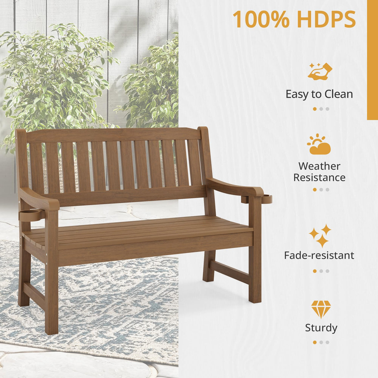 LUE BONA Outdoor Bench, 2-Person HDPS Garden Bench, Outdoor Benches Weatherproof, All-Weather Fade/Rot Resistant Patio Bench for Park, Front Porch, Backyard (Brown-Oil Printed) LUE BONA