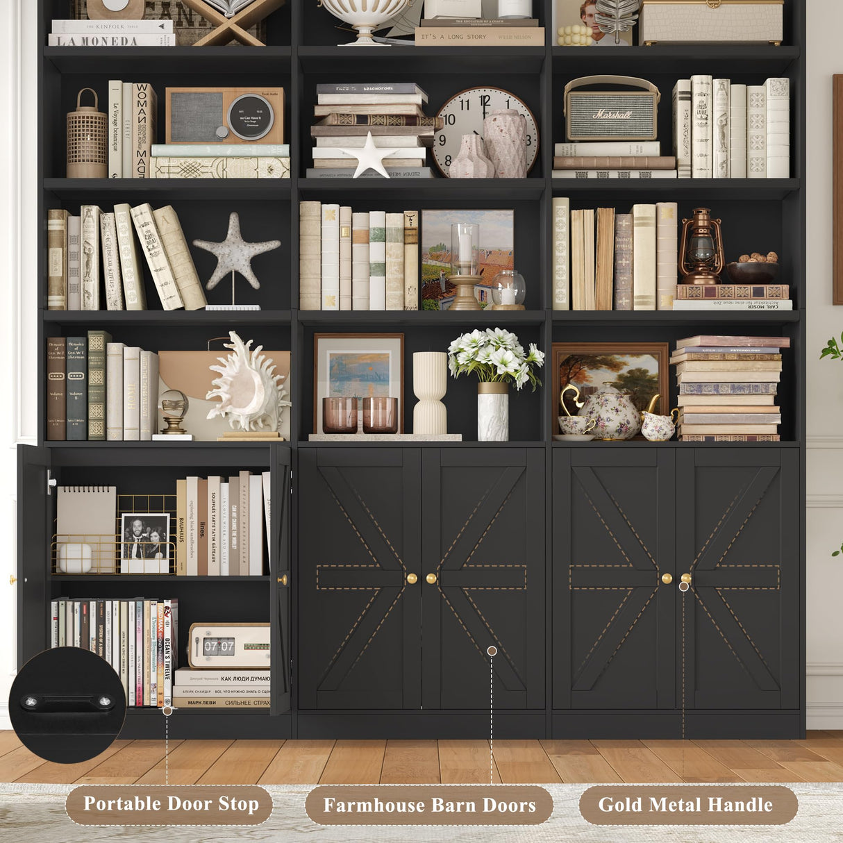 FACBOTALL 75" Triple Wide Bookshelf, Bookshelf and Bookcase with 6 Farmhouse Doors, 71" Wide 6 Tier Book Shelf with 18 Storage Shelves, Large Wooden Bookshelves, Tall Bookcase for Home Office, Black FACBOTALL