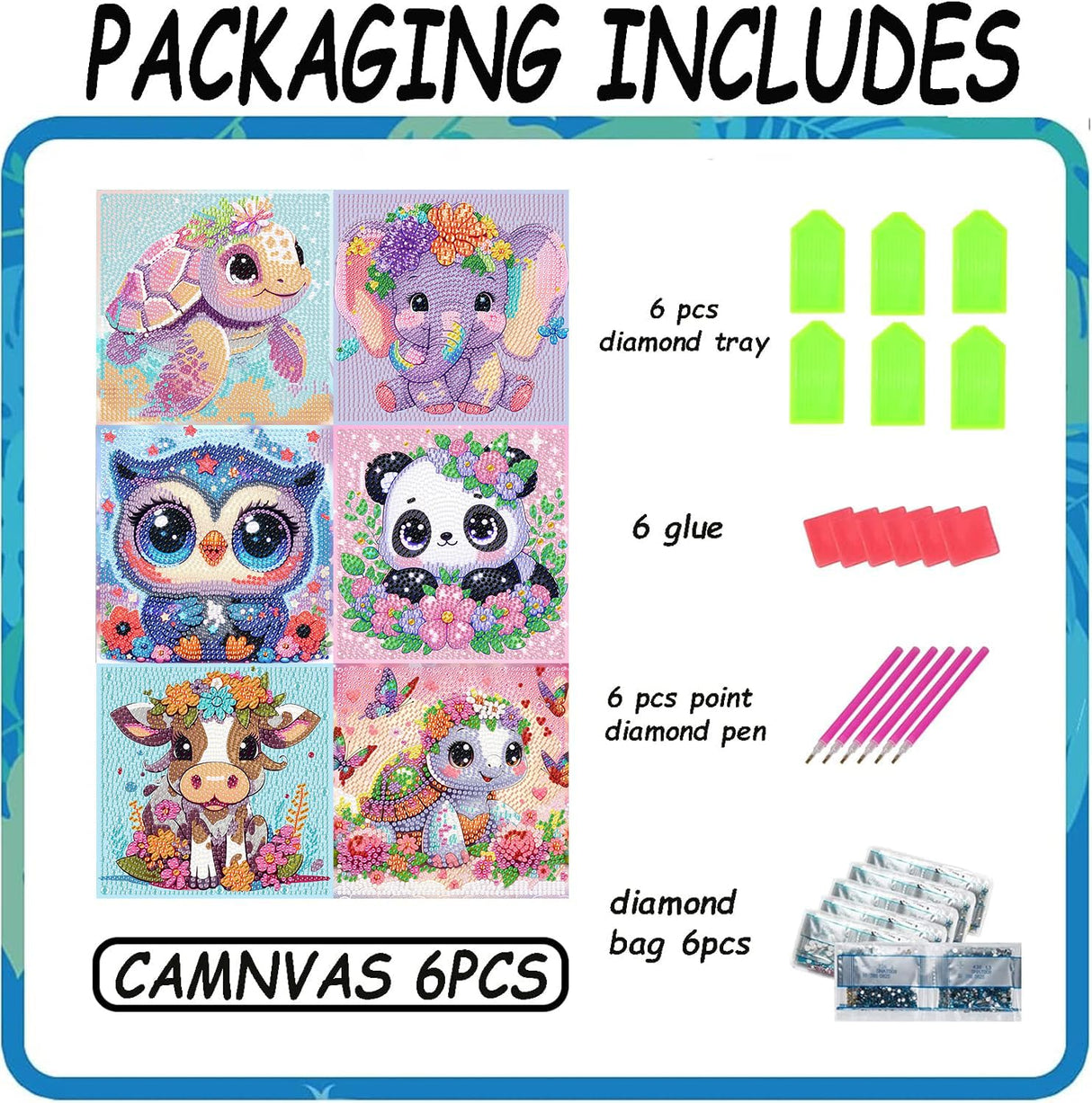 6 Pack 5D Cartoon Diamond Painting Kits for Beginners, Cute Animals DIY Diamond Art Kit, Full Round Drill Big Gem Art, Home Wall Decoration 6X6 inch Acelii