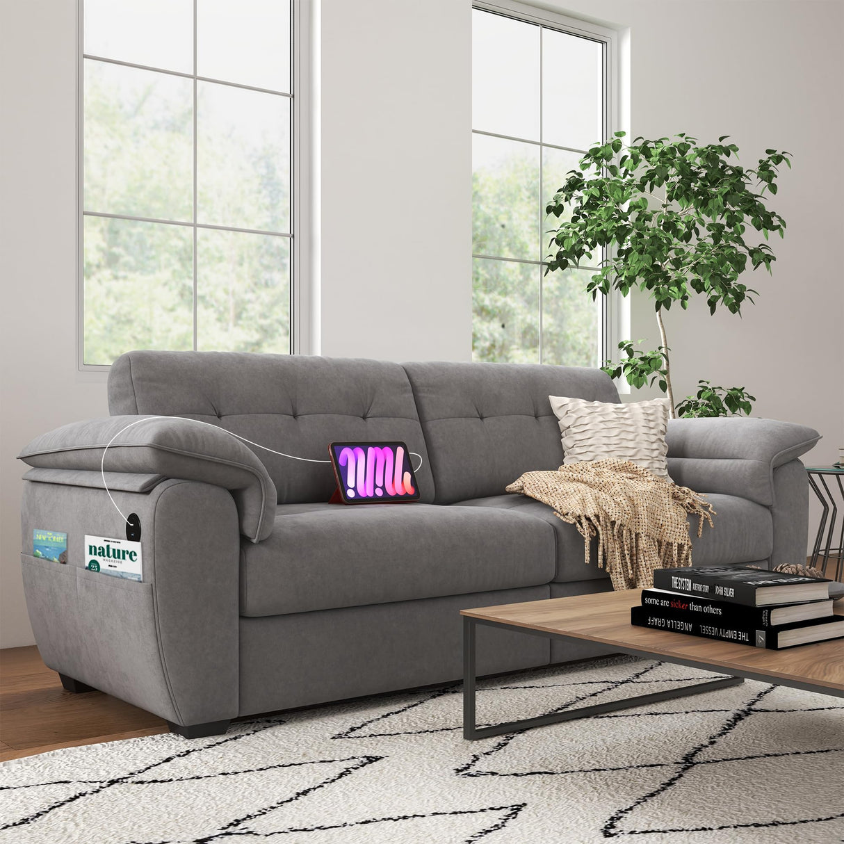 CHYMSUN 87" Modern Sofa, Comfy Sofa Couch w/Extra Deep Seats, 2/3 Seater Couches w/USB Charging Ports & Side Pockets, Sleeper Sofas for Living Room, Apartment, Office (Grey Chenille) CHYMSUN