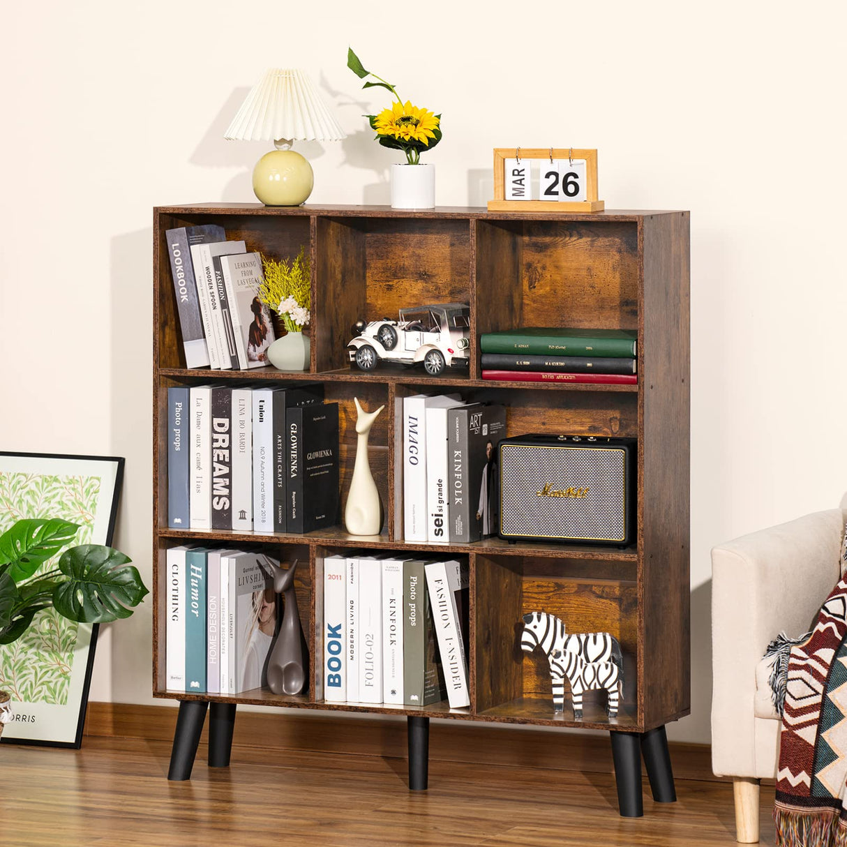 LEYAOYAO 8-Cube Rustic Brown Mid-Century Modern Bookshelf with Legs - 3-Tier Storage Organizer LEYAOYAO