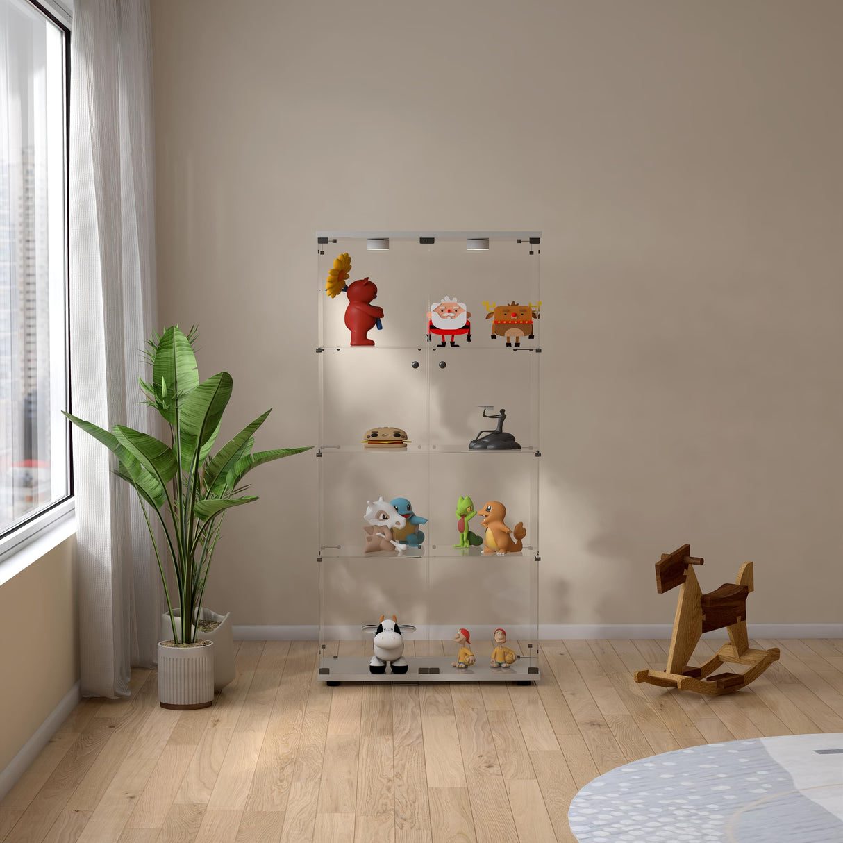 Zacis Glass Display Cabinet with Lights and Lock, 4-Tier Display Case Curio Cabinet with Glass Door, Floor Standing Showcase for Living Room Bedroom Home Office 31" W x 14.3" D x 64.5" H Zacis