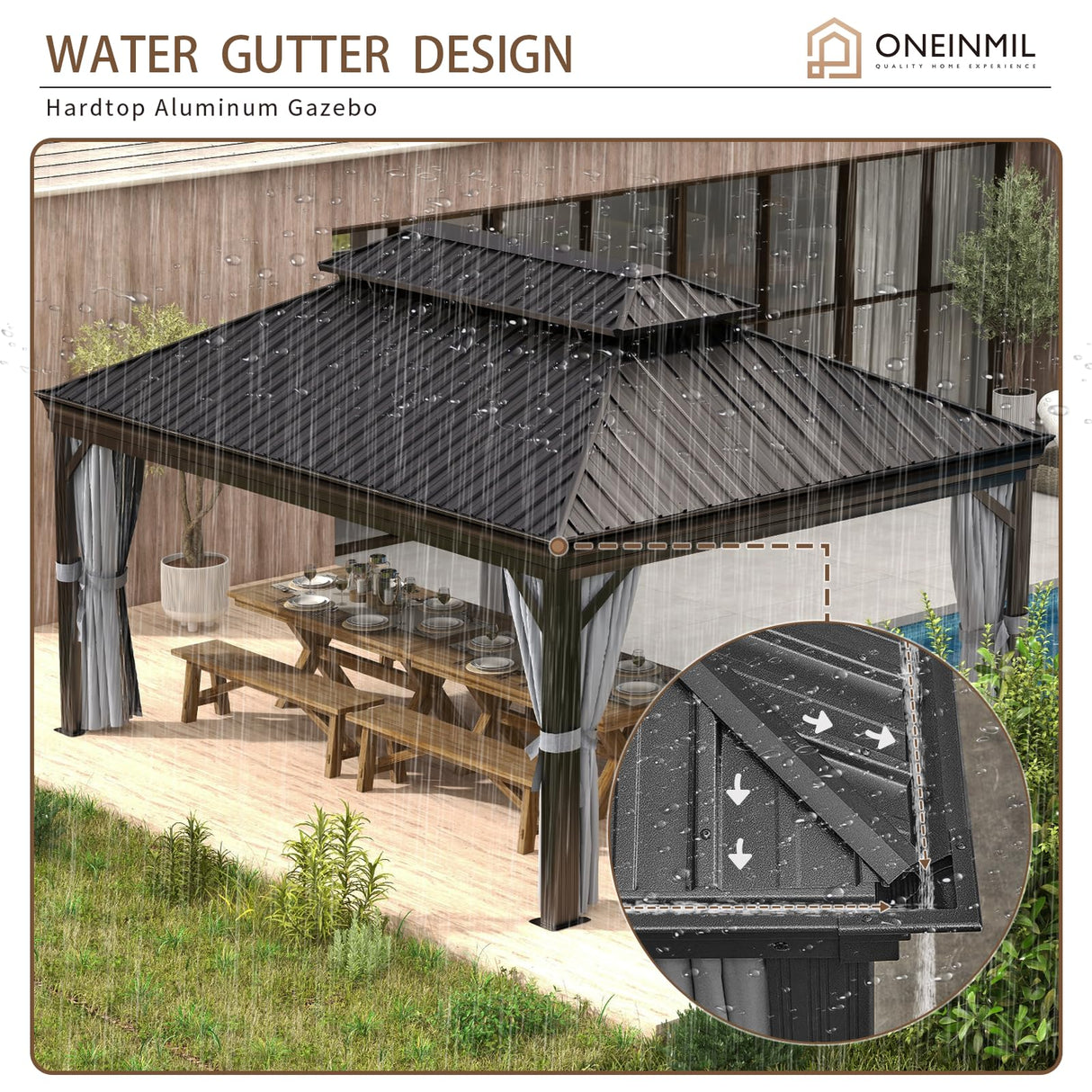 oneinmil 12x16FT Outdoor Gazebo, Heavy Duty Metal Double Roof Hardtop Gazebo with Aluminum Frame and Netting and Curtains for Patios oneinmil