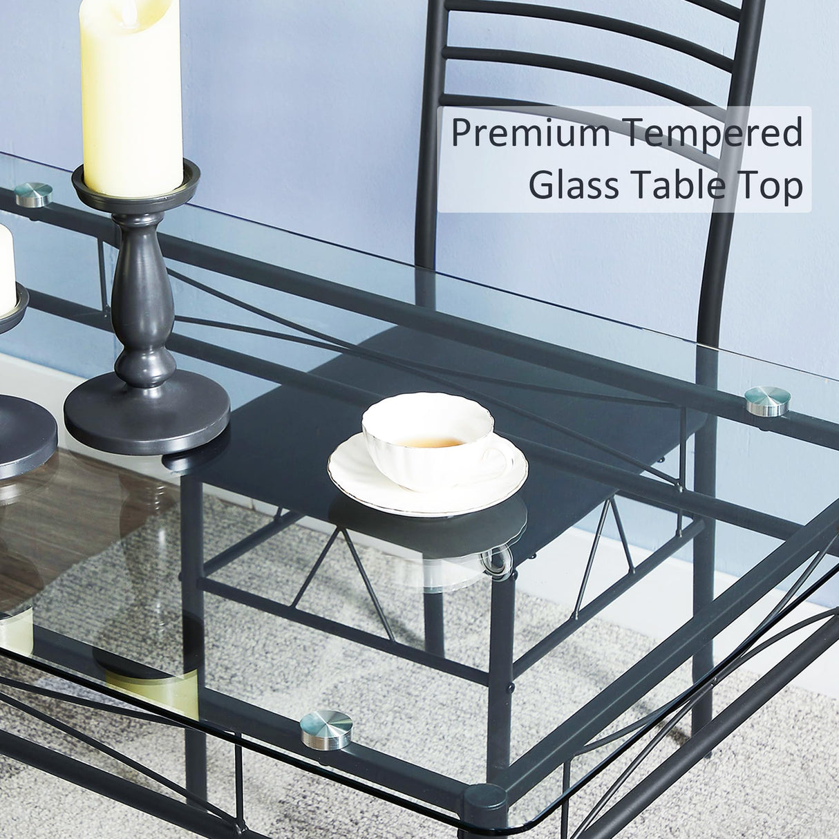 VECELO Kitchen Dining Table and Chairs Set for 4, PU Padded Seat & Glasses Tabletop, Space Saving, Matte Black VECELO