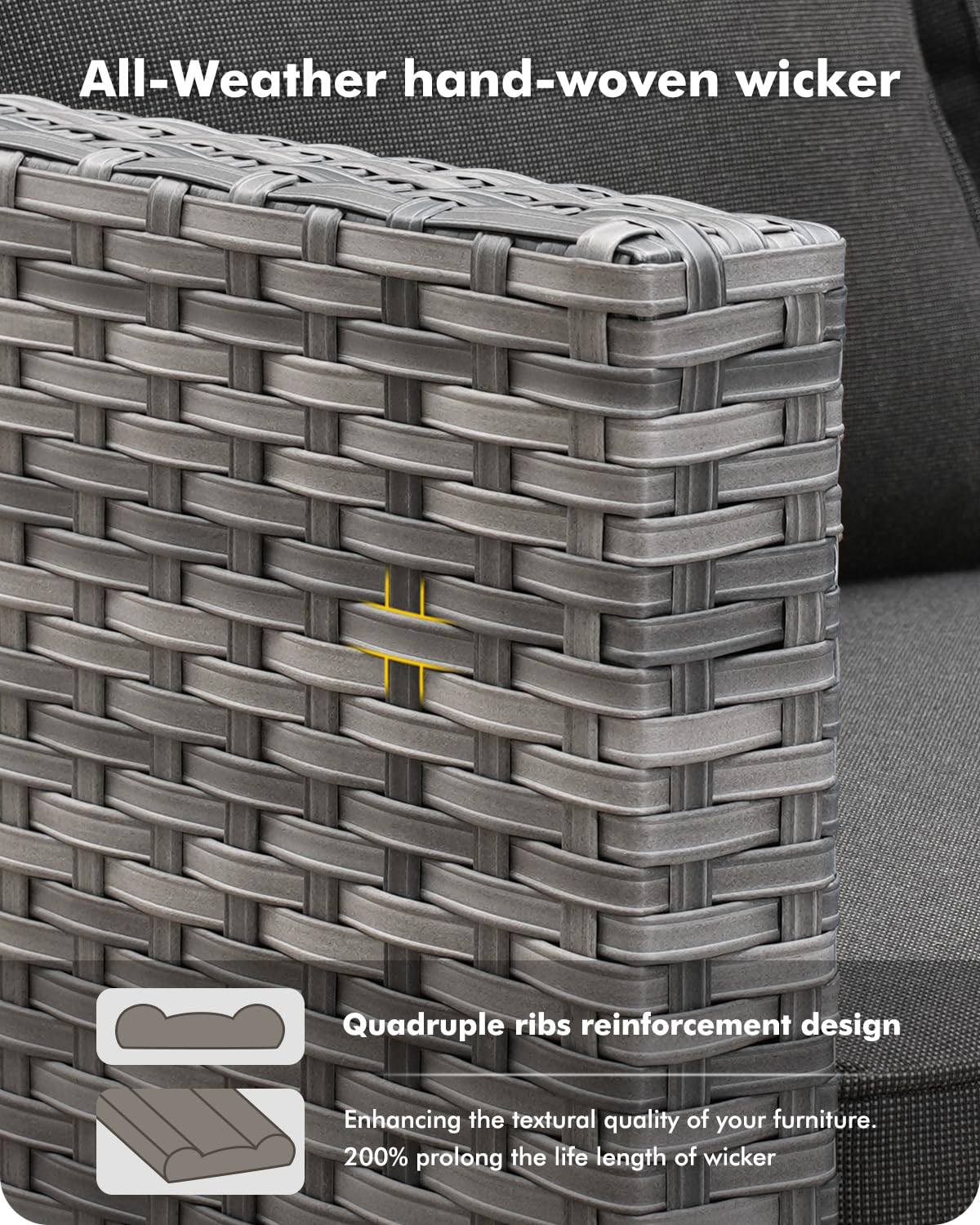 CAODOC 8-Piece Outdoor Wicker Patio Set with 9 Seats, Including 53" Fire Pit - Sectional Sofa and Conversation Set for Backyard or Lawn, Gray Rattan with Waterproof Black Cushions CAODOC