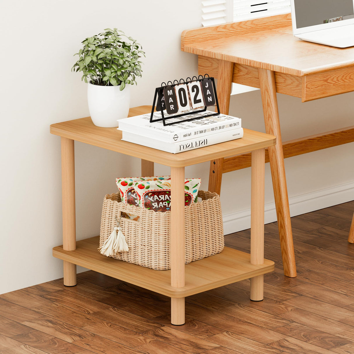 2 Tier End Table Low Table with Solid Wood Legs, Small Coffee Table Side Table, Boho Bedside Table with Storage Shelf, Nightstand for Small Spaces, Bedroom, Living Room, Entryway, Farmhouse, Natural