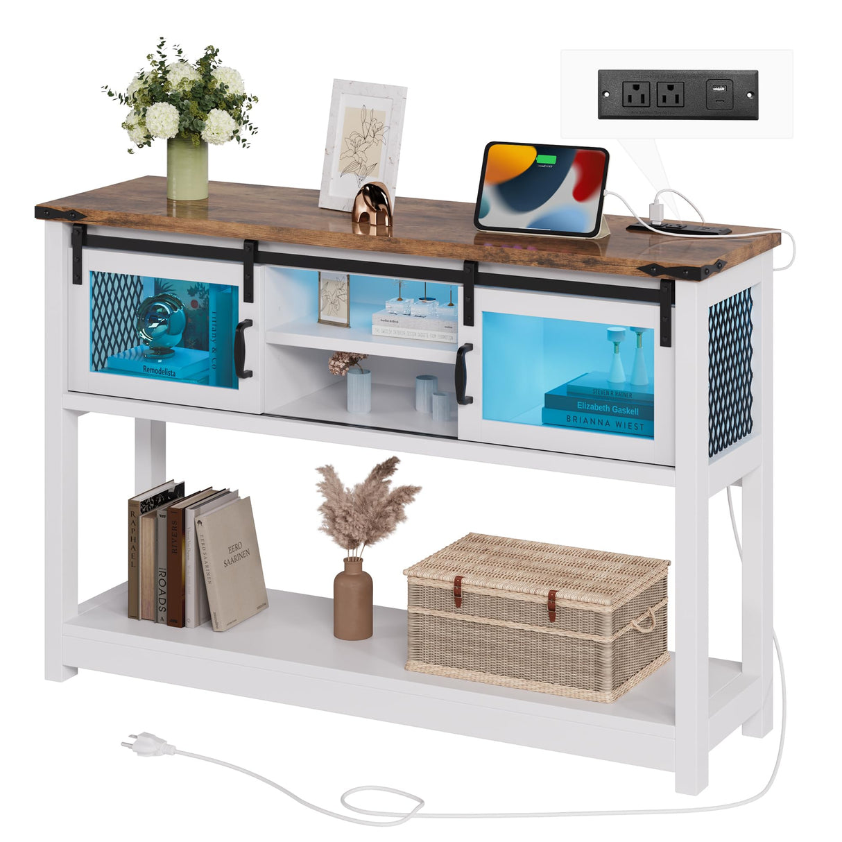 Whalefall Visual Console Table with Power Outlets, 46" Farmhouse Entryway Table with Storage, Narrow Long Sofa Table with LED Light for Living Room, Hallway, Behind Couch Whalefall