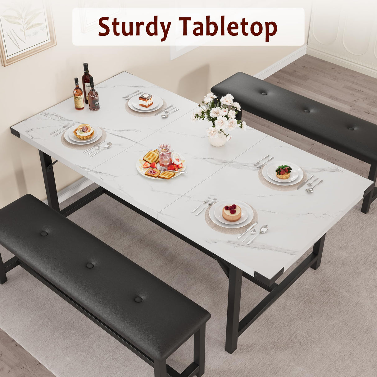 GarveeHome Extendable Dining Table Set for 4-6, Rectangle Large Extendable Kitchen Table with 2 Upholstered Benches & Metal Corner Protect for Dining, Apartment, Space Saving, Marble White GarveeHome