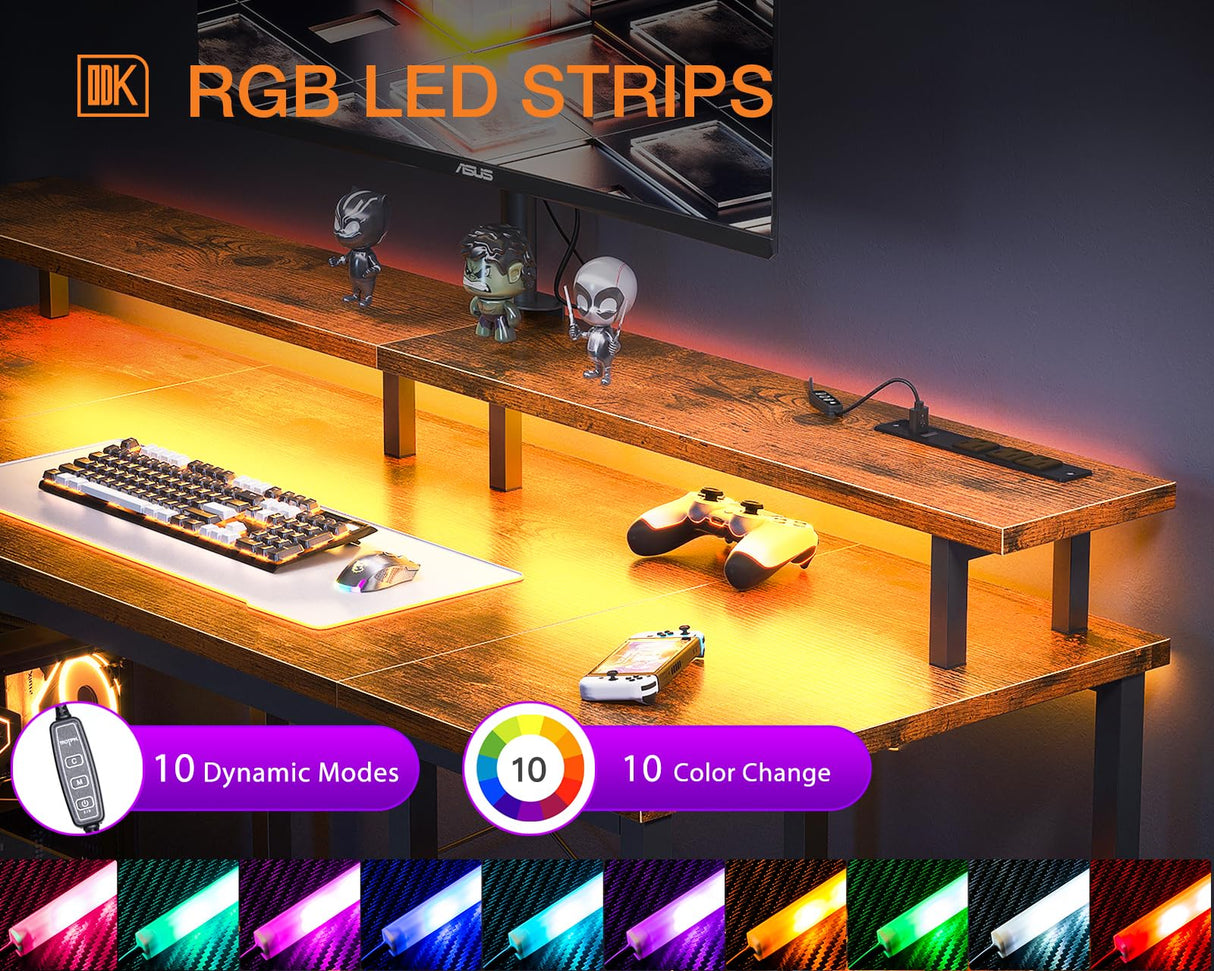 ODK 48 inch Gaming Desk with LED Lights & Power Outlets, Computer Desk with Monitor Stand & Storage Sheves, CPU Stand, Home Office Desk, Vintage ODK