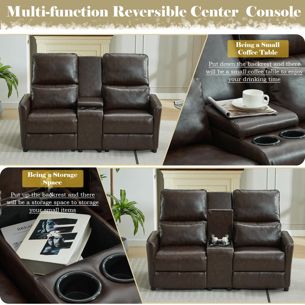 DRMBOOK 63'' RV Loveseat Recliner Sofa, Faux Leather Double Camper Couch 2 Seater Recliner with Console, Home Movie Theater Seating Chair, 2 Person Push Back Recliners for Living Room, Red & Brown DRMBOOK