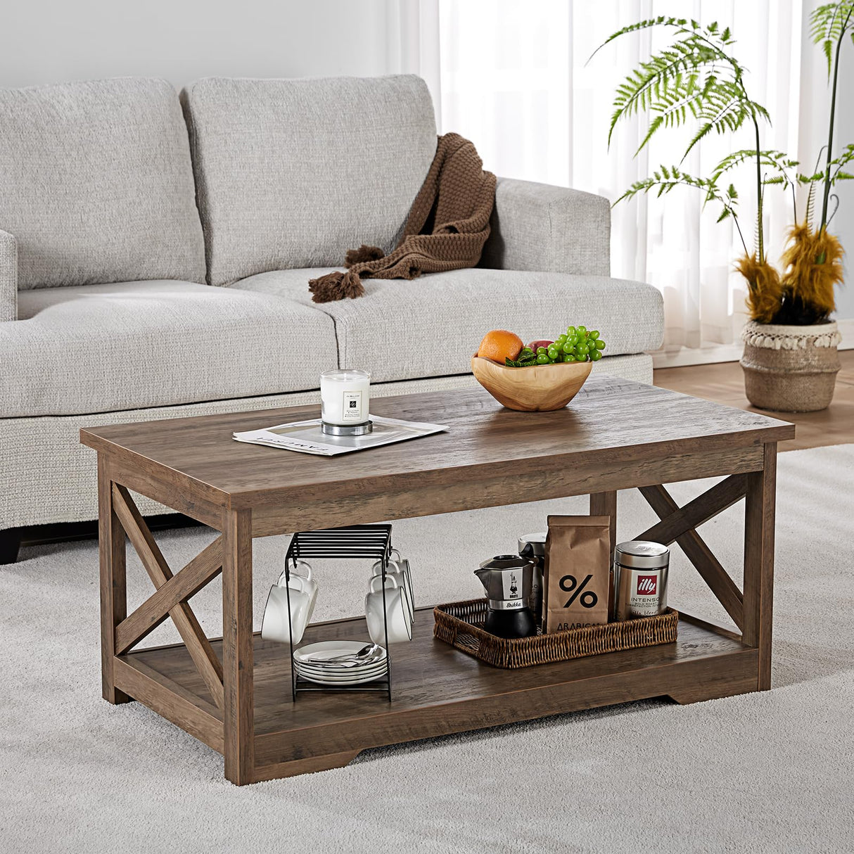 AMERLIFE 3-Piece Farmhouse Table Set Includes Coffee Table& Two End Tables, Side Table with Charging Station and USB Ports, for Living Room, Bedroom,Barnwood AMERLIFE