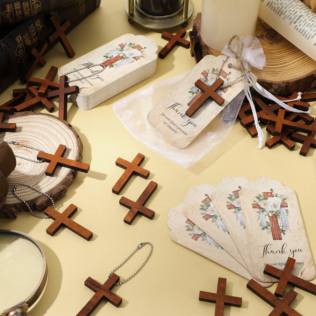 Tradder 100 Set Funeral Favors Set 100 Wooden Cross Keychain 100 Funeral Thank You Cards 100 Organza Bags for Celebration of Life Decorations, Funeral Guest Family Friends Loved Ones (Cross) Tradder