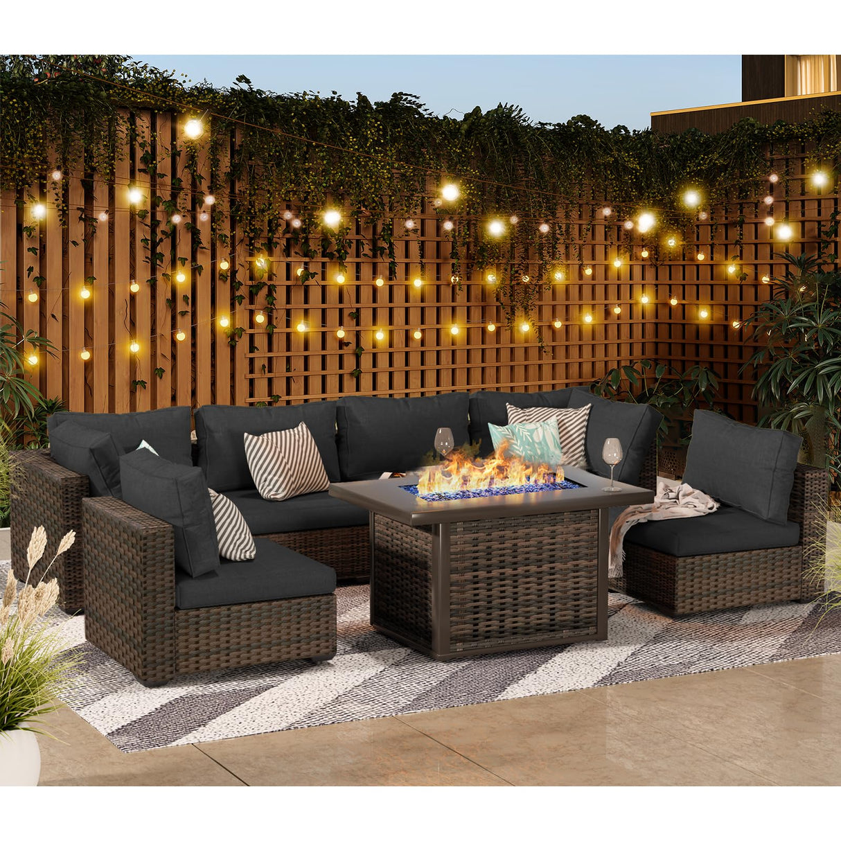 Grezone 7 Piece Patio Furniture Set with 44" Fire Pit Table, Outdoor Sectional Couch, PE Rattan Patio Conversation Sets with 4inch Cushions for Backyard Black (BK) Grezone
