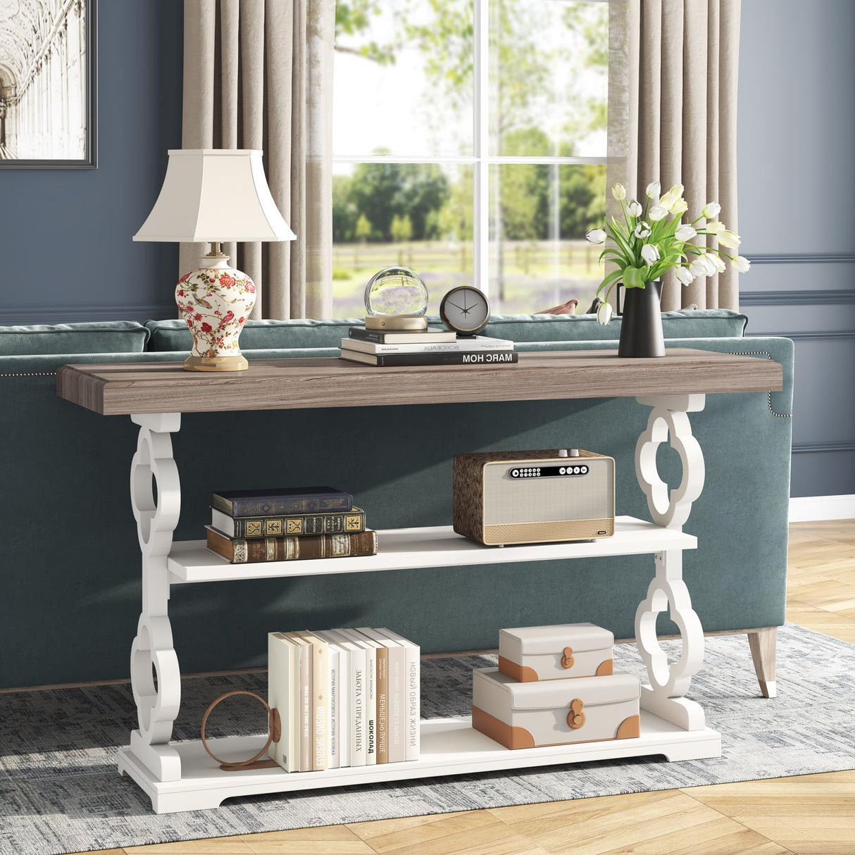 Tribesigns Farmhouse Console Table, 55 inch Rustic Entryway Sofa Table with Storage Shelves, 3 Tier Wood Long Accent Entry Table for Hallway, Entrance, Living Room, Foyer, Grey and White Tribesigns