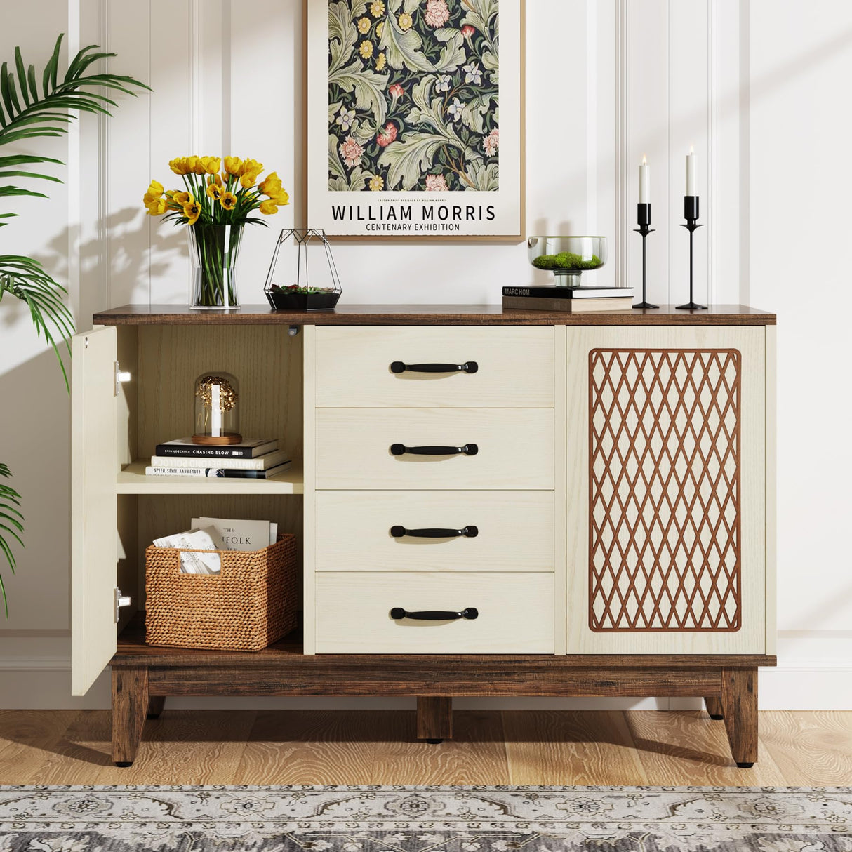 Tribesigns 4 Drawer Dresser, 47.2-Inch Farmhouse Chest of Drawer with 4-Tier Storage Shelves, Wood Dresser Organizer Cabinet for Bedroom Living Room Tribesigns