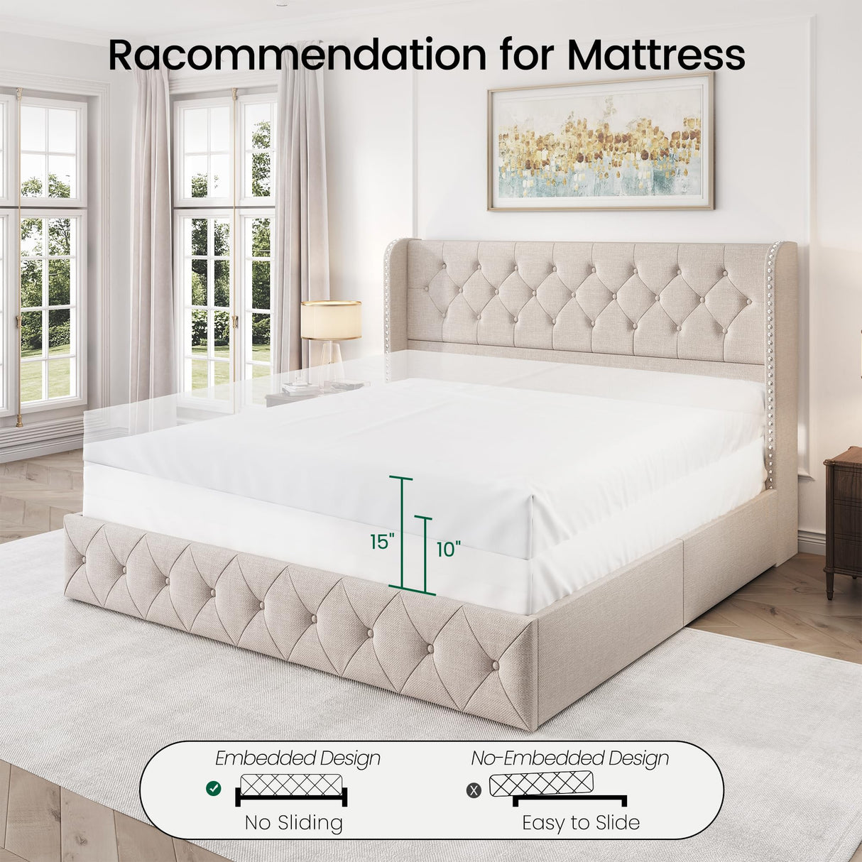 LARMACE King Size Bed Frame with 4 Storage Drawers and Tufted Headboard Linen Upholstered Platform Bed Frame Wingback Beds with Wooden Slats Support, Easy Assembly, Beige LARMACE