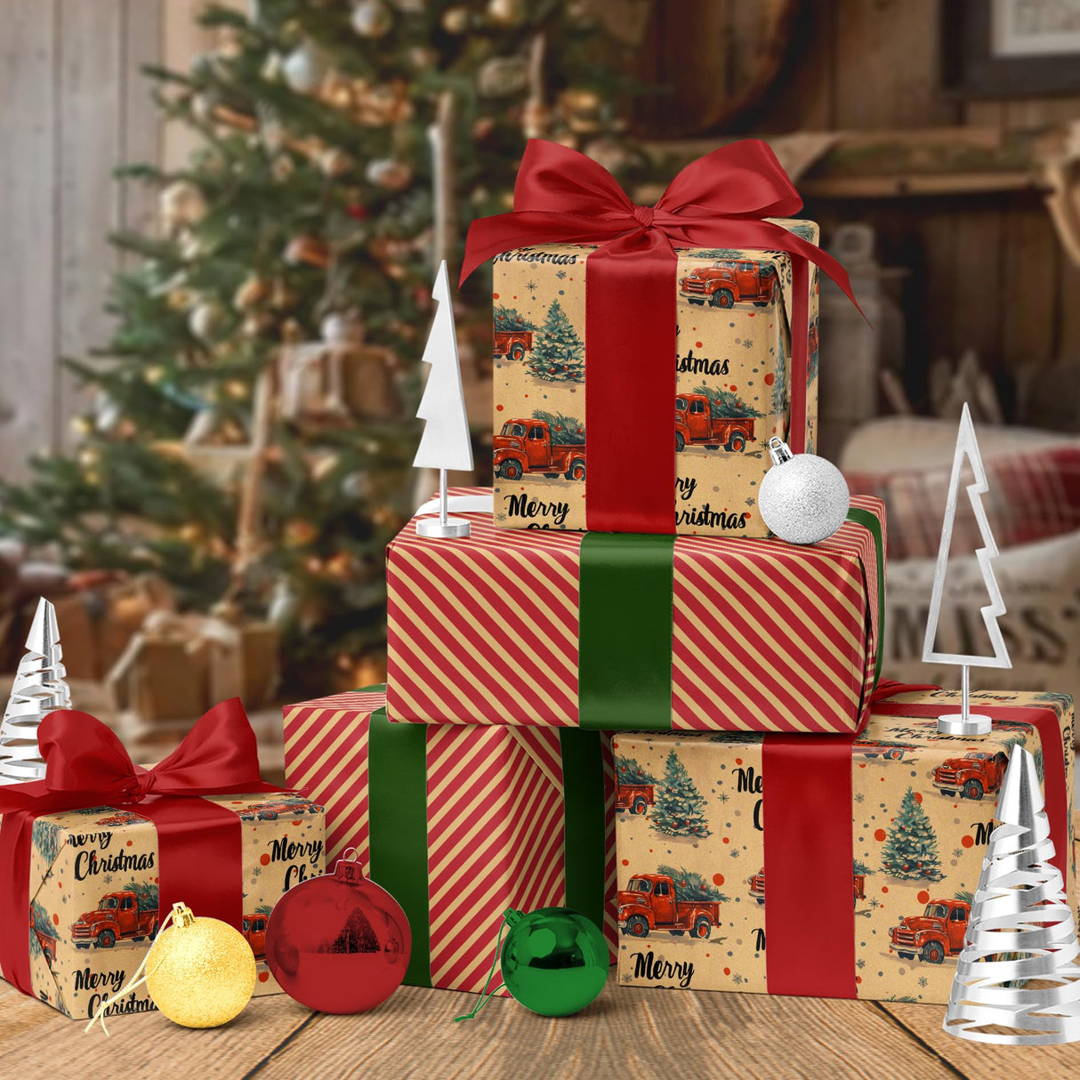 BIOBROWN Reversible Kraft Christmas Wrapping Paper - 17 Inch X 33 Feet (46.7 sq. ft. ttl.) - Vintage Trucks Design Perfect for Xmas, Party, Holiday Gift Wrap BIOBROWN