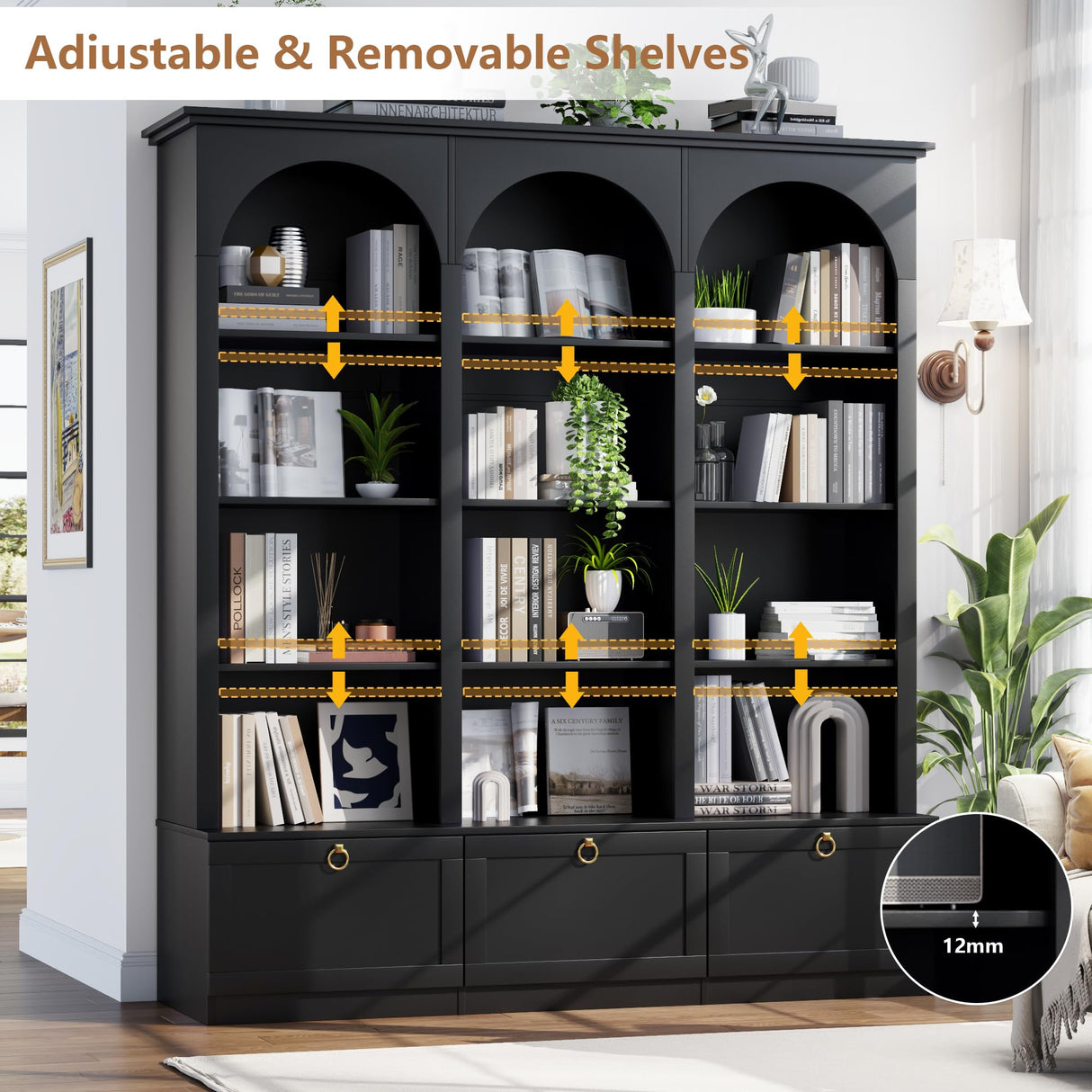 71" Triple Bookshelf with Doors, 5 Tier Tall Bookshelf with Cabinet , Large Book Shelf w/ 12 Adjustable Open Display Shelves & Anti-Tipping, 63" Wide Arched Bookcase for Living Room, Study, Black Loomie