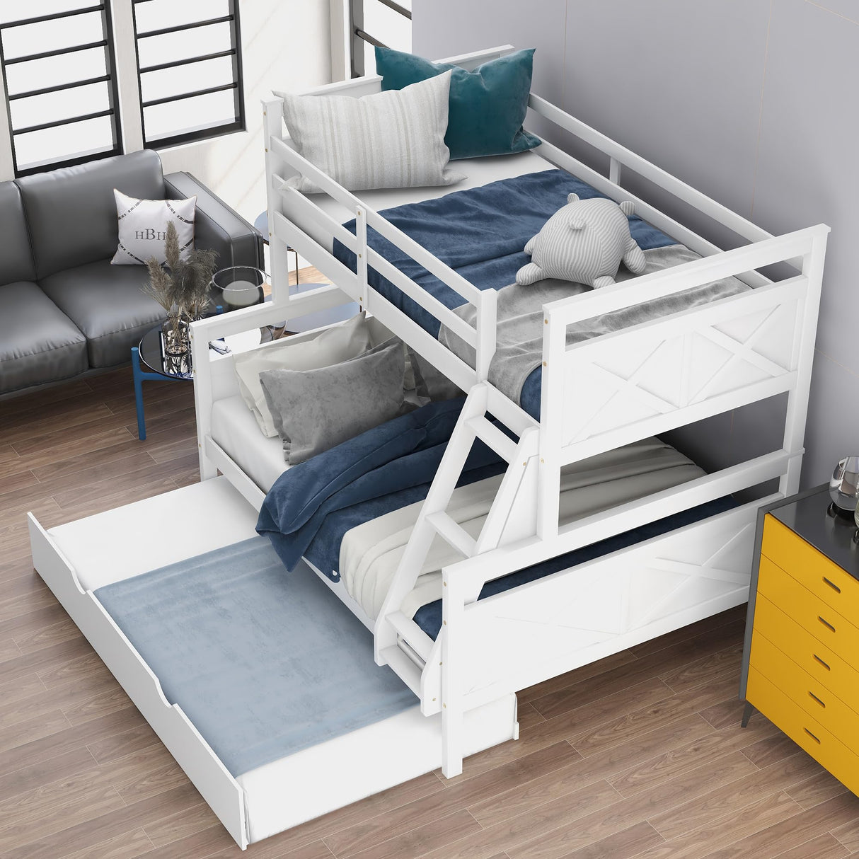 Twin Over Full Bunk Bed with Trundle, Wood Bunk Bed Twin Over Full with Safety Guardrail & Ladder, Convertible to 3 Separated Beds, Perfect for Kids, Teens,Adults,Bedroom Furniture,White Harper & Bright Designs