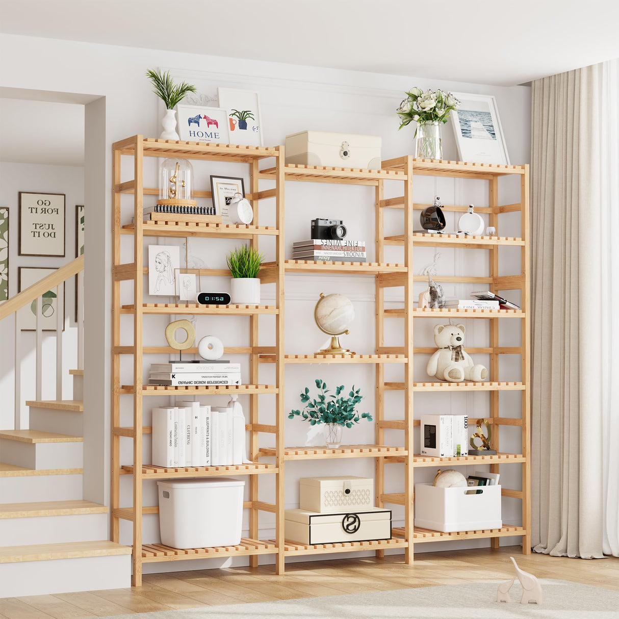 FOTOSOK Triple Wide 6-Tier Bookshelf and Bookcase,Large Freestanding Book Shelf with 17 Open Display Shelves, Tall Bookshelf Plant Flower Shelf Rack Storage Organizer Unit for Living Room, Natural FOTOSOK