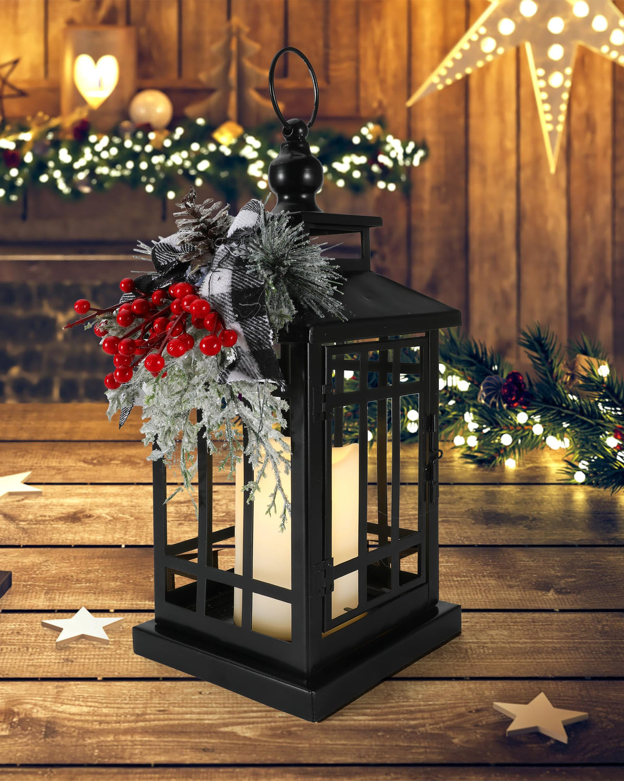 iStatue Metal Black Christmas Lantern with Flameless Candle, 14'' Modern Farmhouse Decor Festive Holiday Rustic Home Gifts for Indoor/Outdoor (Xmas) iStatue