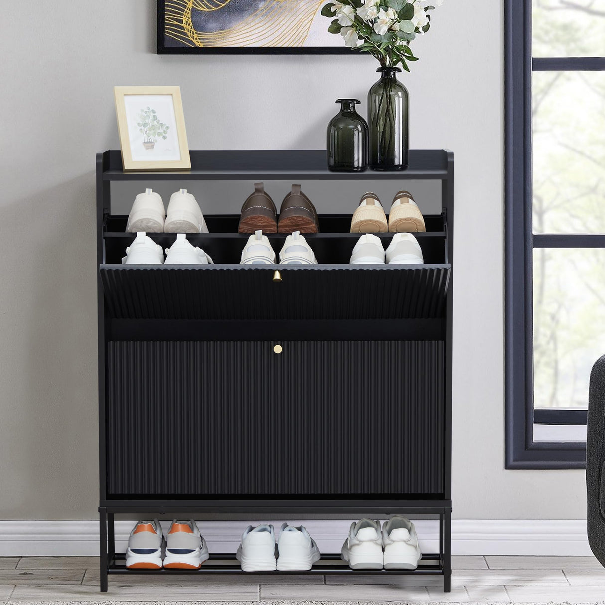 Fluted Shoe Cabinet with 2 Flip Drawers, Modern Slim Shoe Storage Organizer, Narrow Entryway Shoe Rack, Wooden Shoe Cabinet with Metal Legs for Heels, Boots, Slippers in Entrance, Black RARZOE