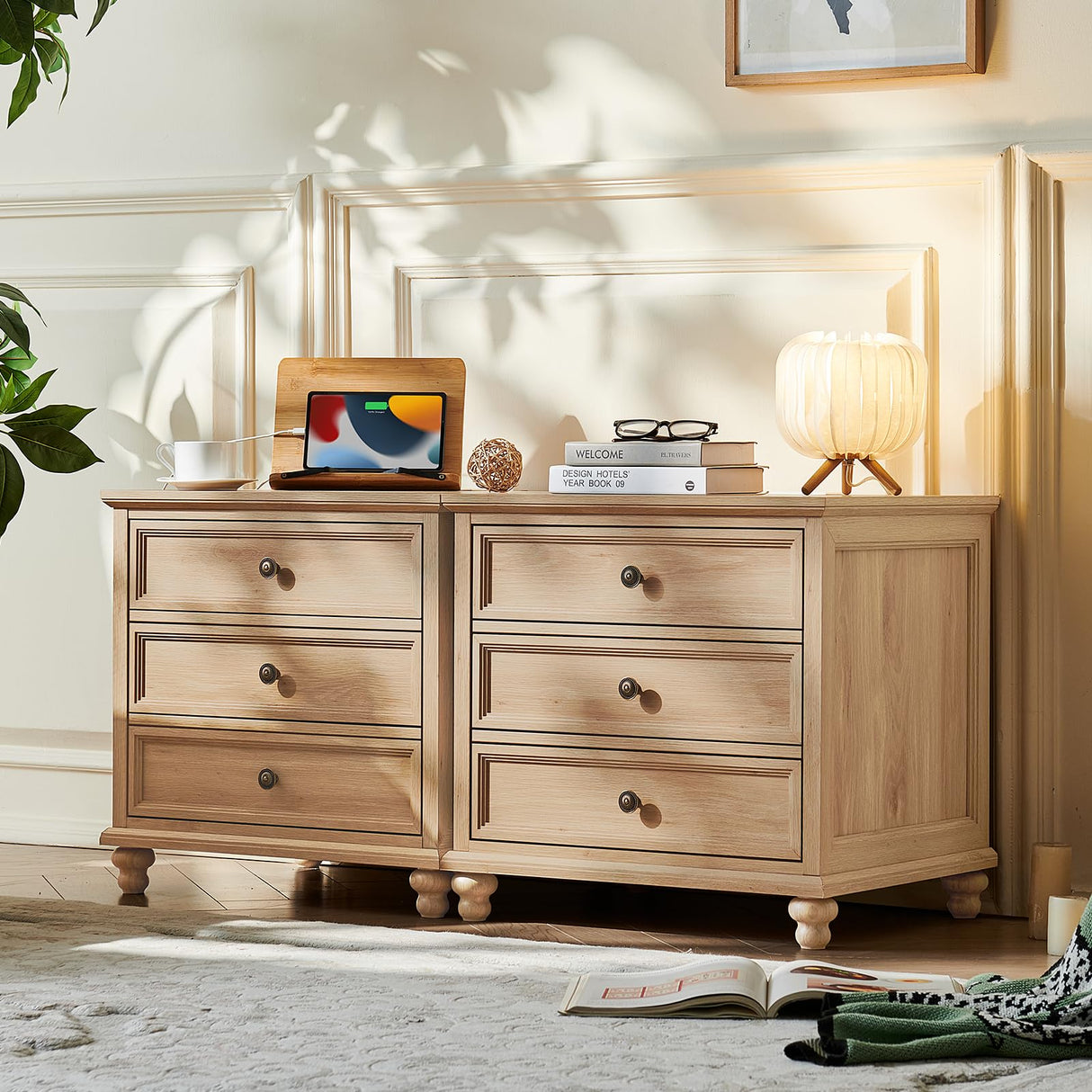 Joaxswe Farmhouse Nightstand with Charging Station, 24" Wide End Table with 3 Drawers,Natural Wood Dresser for Bedroom, Bed Side Table Chest of Drawers Cabinet,Night Stand for Living Room, Closet Joaxswe